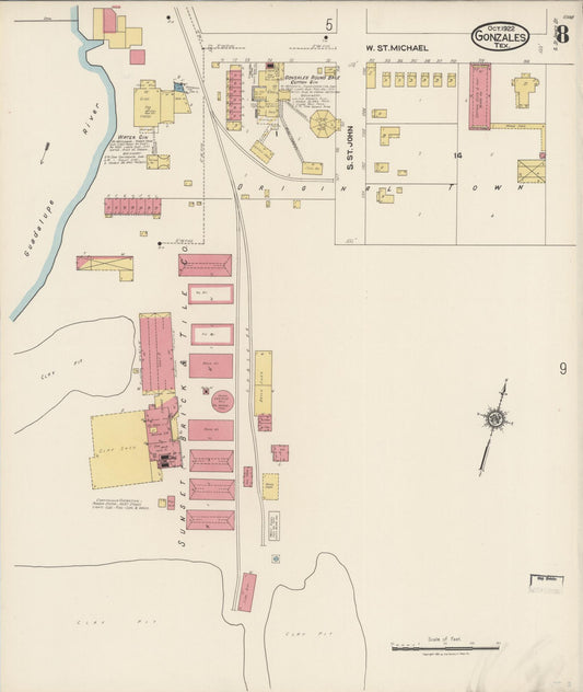 Sanborn Fire Insurance Map from Gonzales, Gonzales County, Texas (1922), Sheet #0008 - Historic Sanborn Fire Insurance Map Print, vintage old map wall art, antique decor, genealogy gift, Texas Texas map