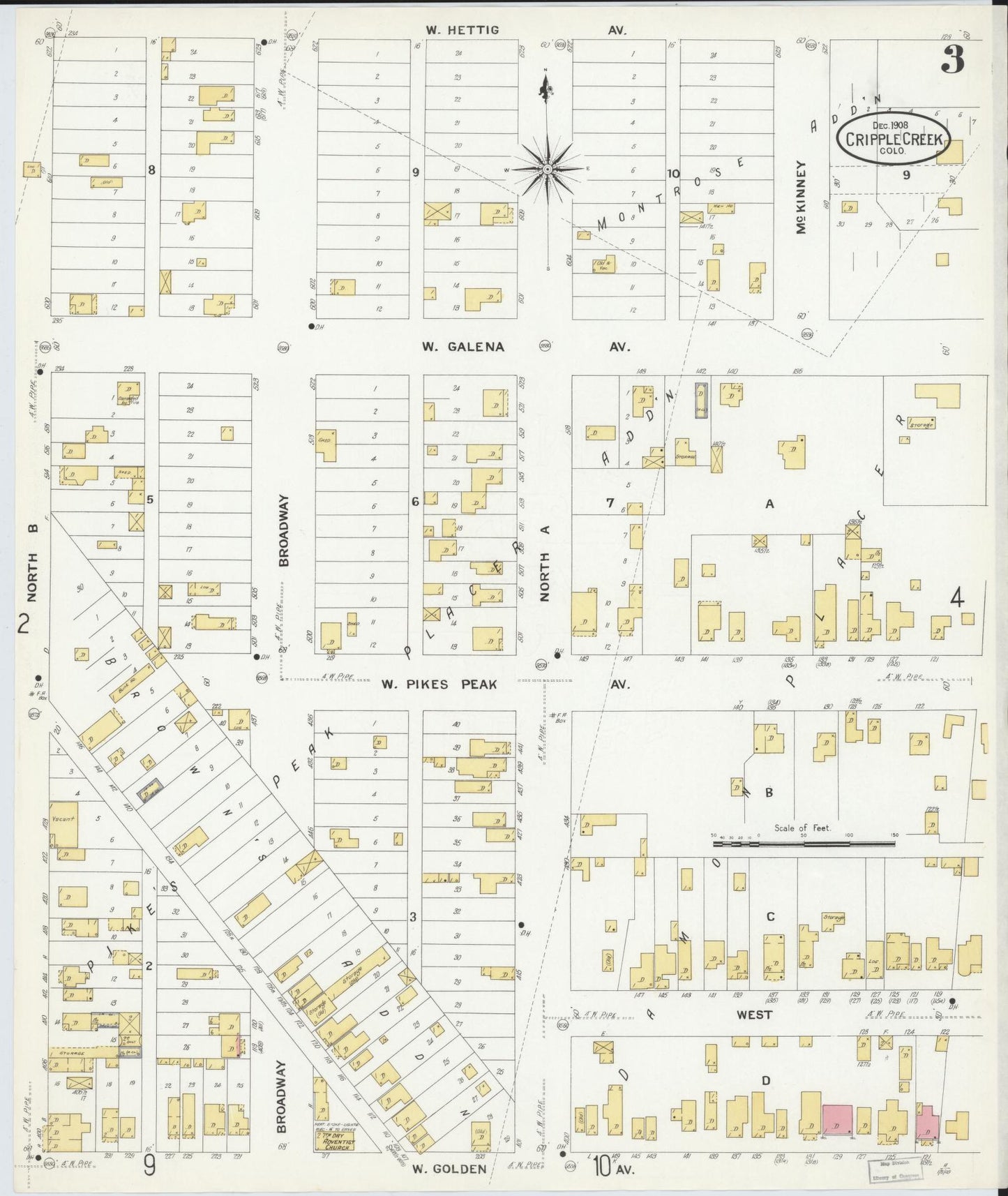 Sanborn Fire Insurance Map from Cripple Creek, Teller County, Colorado (1908), Sheet #0003 - Historic Sanborn Fire Insurance Map Print, vintage old map wall art, antique decor, genealogy gift, Colorado Colorado map