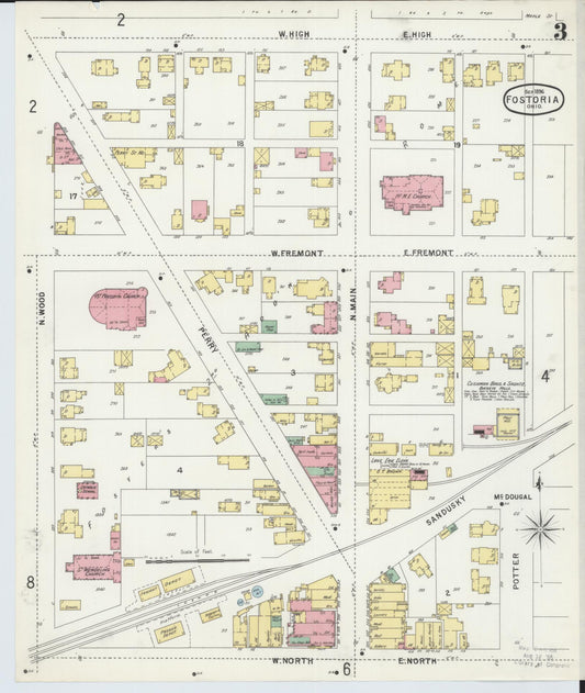 Sanborn Fire Insurance Map from Fostoria, Seneca, Hancock, And Wood Counties, Ohio (1896), Sheet #0003 - Historic Sanborn Fire Insurance Map Print, vintage old map wall art, antique decor, genealogy gift, Ohio Ohio map