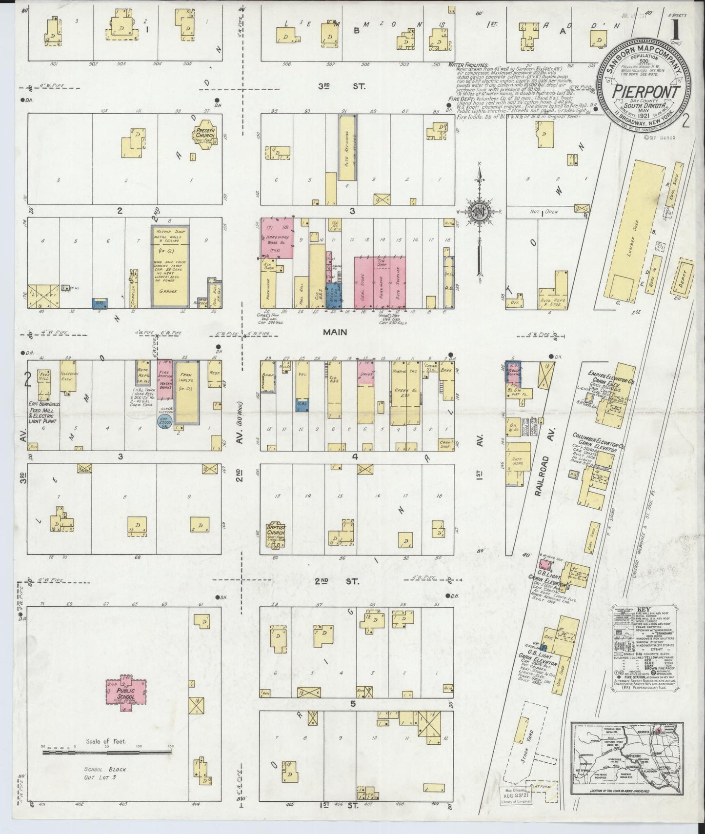 Sanborn Fire Insurance Map from Pierpont, Day County, South Dakota (1921), Sheet #0001 - Historic Sanborn Fire Insurance Map Print, vintage old map wall art, antique decor, genealogy gift, South Dakota South Dakota map