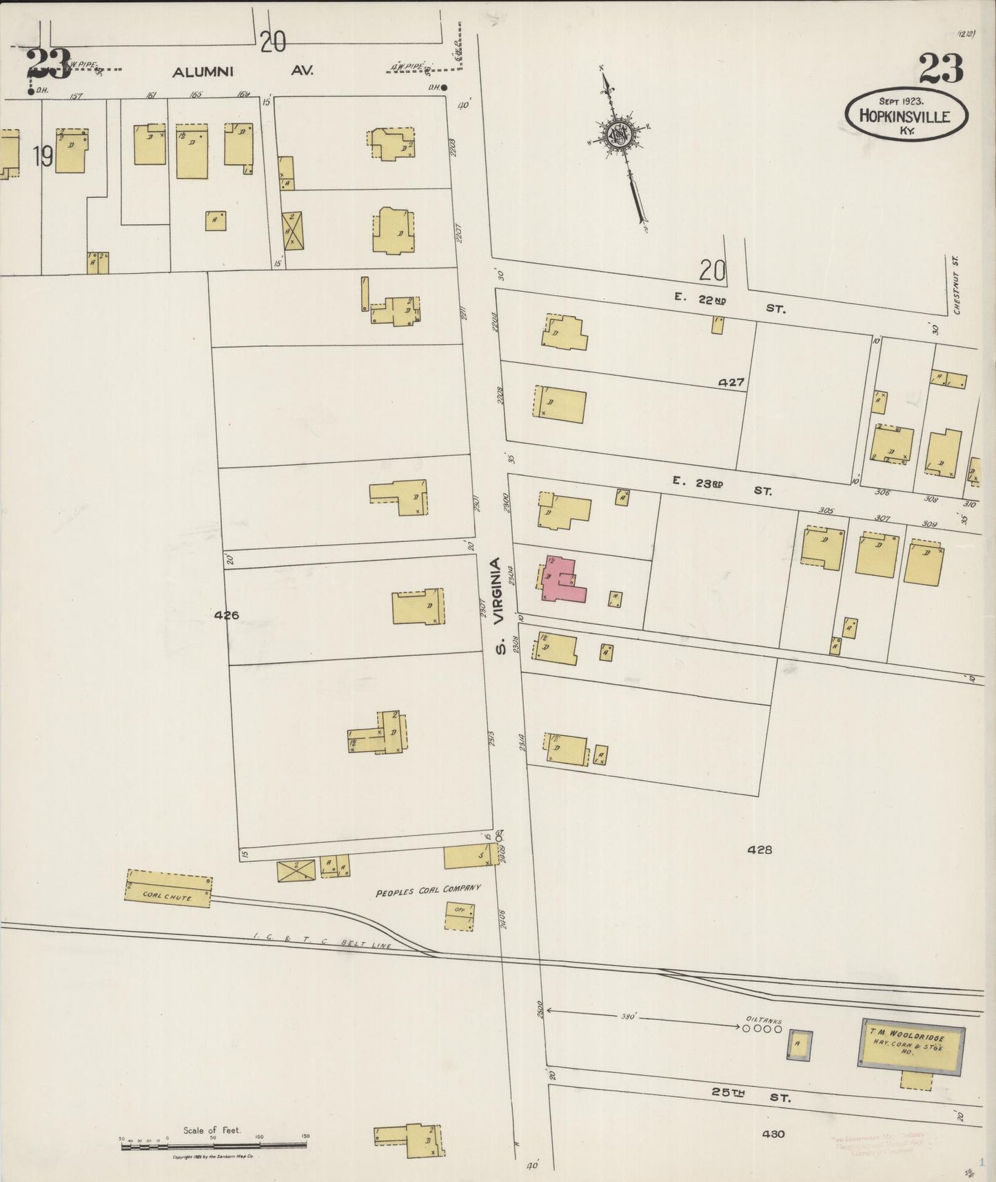 Sanborn Fire Insurance Map from Hopkinsville, Christian County, Kentucky (1923), Sheet #0023 - Historic Sanborn Fire Insurance Map Print, vintage old map wall art, antique decor, genealogy gift, Kentucky Kentucky map