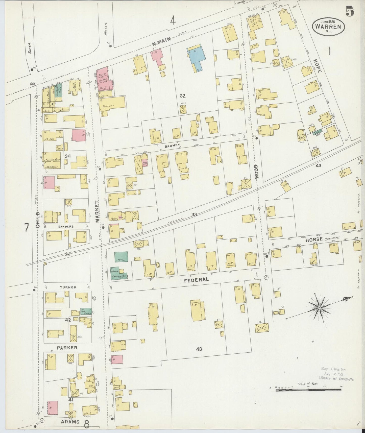 Sanborn Fire Insurance Map from Warren, Bristol County, Rhode Island (1898), Sheet #0005 - Complete Map Set gallery image, historic Sanborn map, vintage wall art, Rhode Island Rhode Island