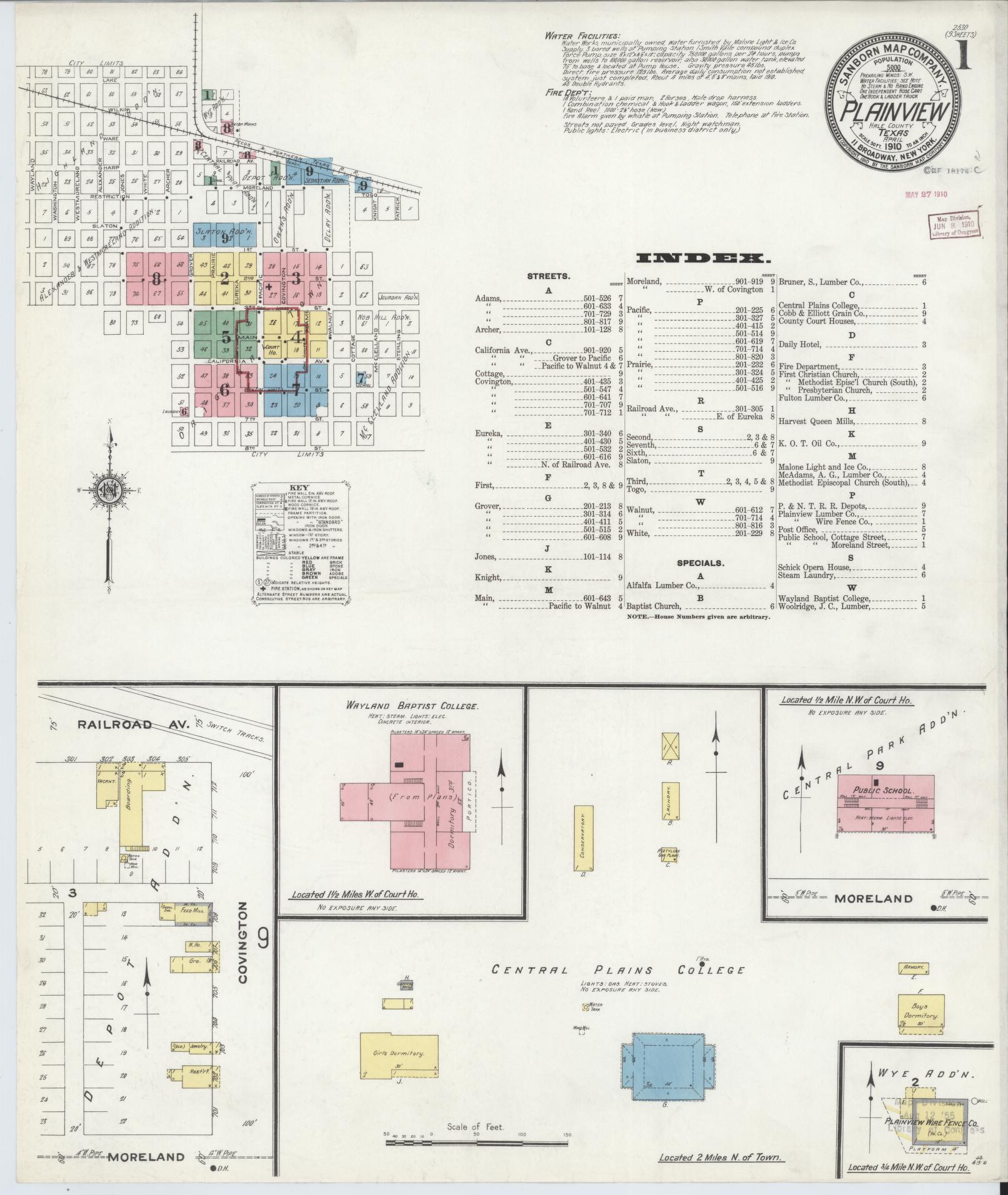 Sanborn Fire Insurance Map from Plainview, Hale County, Texas (1910), Sheet #0001 - Historic Sanborn Fire Insurance Map Print, vintage old map wall art, antique decor, genealogy gift, Texas Texas map