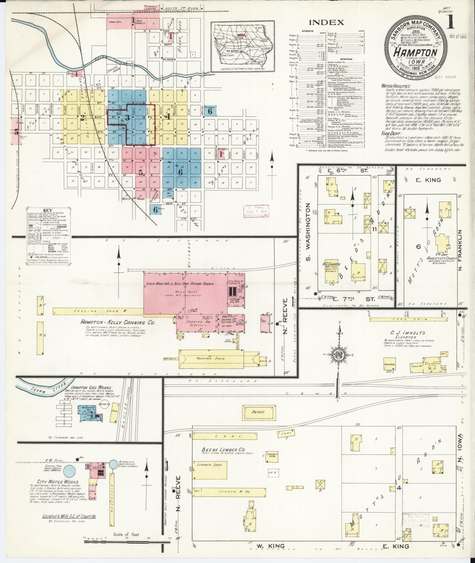Sanborn Fire Insurance Map from Hampton, Franklin County, Iowa (1913), Sheet #0001 - Historic Sanborn Fire Insurance Map Print, vintage old map wall art