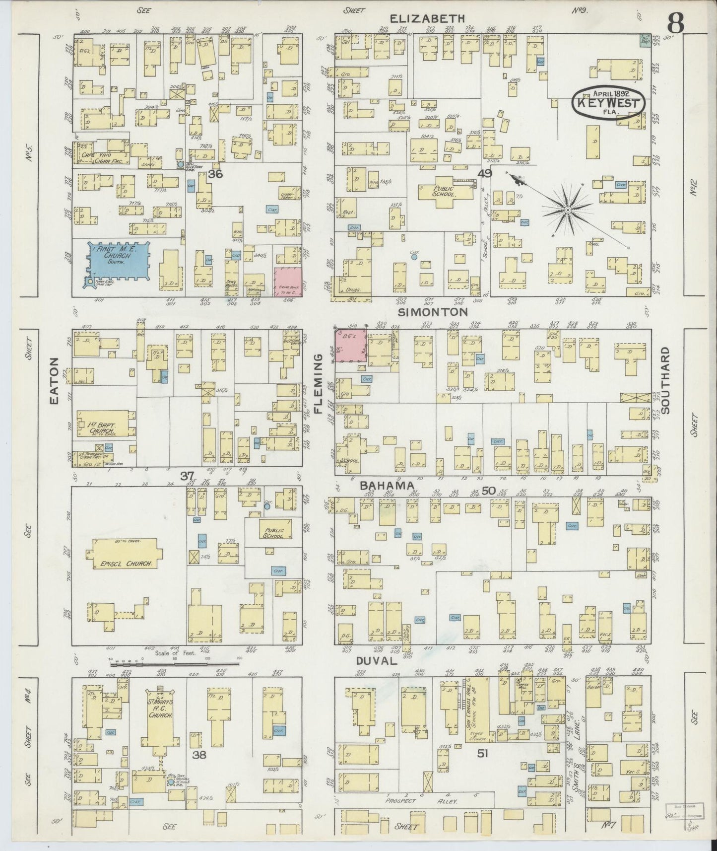 Sanborn Fire Insurance Map from Key West, Monroe County, Florida (1892), Sheet #0008 - Complete Map Set gallery image, historic Sanborn map, vintage wall art, Florida Florida