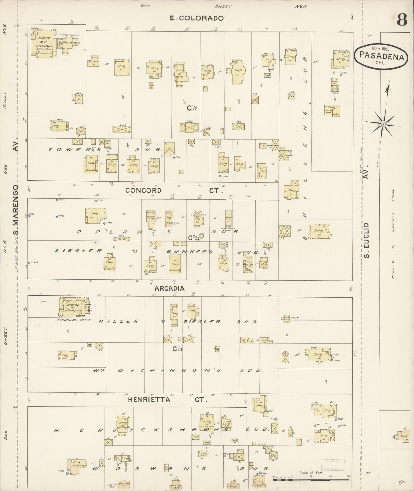 Sanborn Fire Insurance Map from Pasadena, Los Angeles County, California (1888), Sheet #0008 - Complete Map Set gallery image, historic Sanborn map, vintage wall art, California California