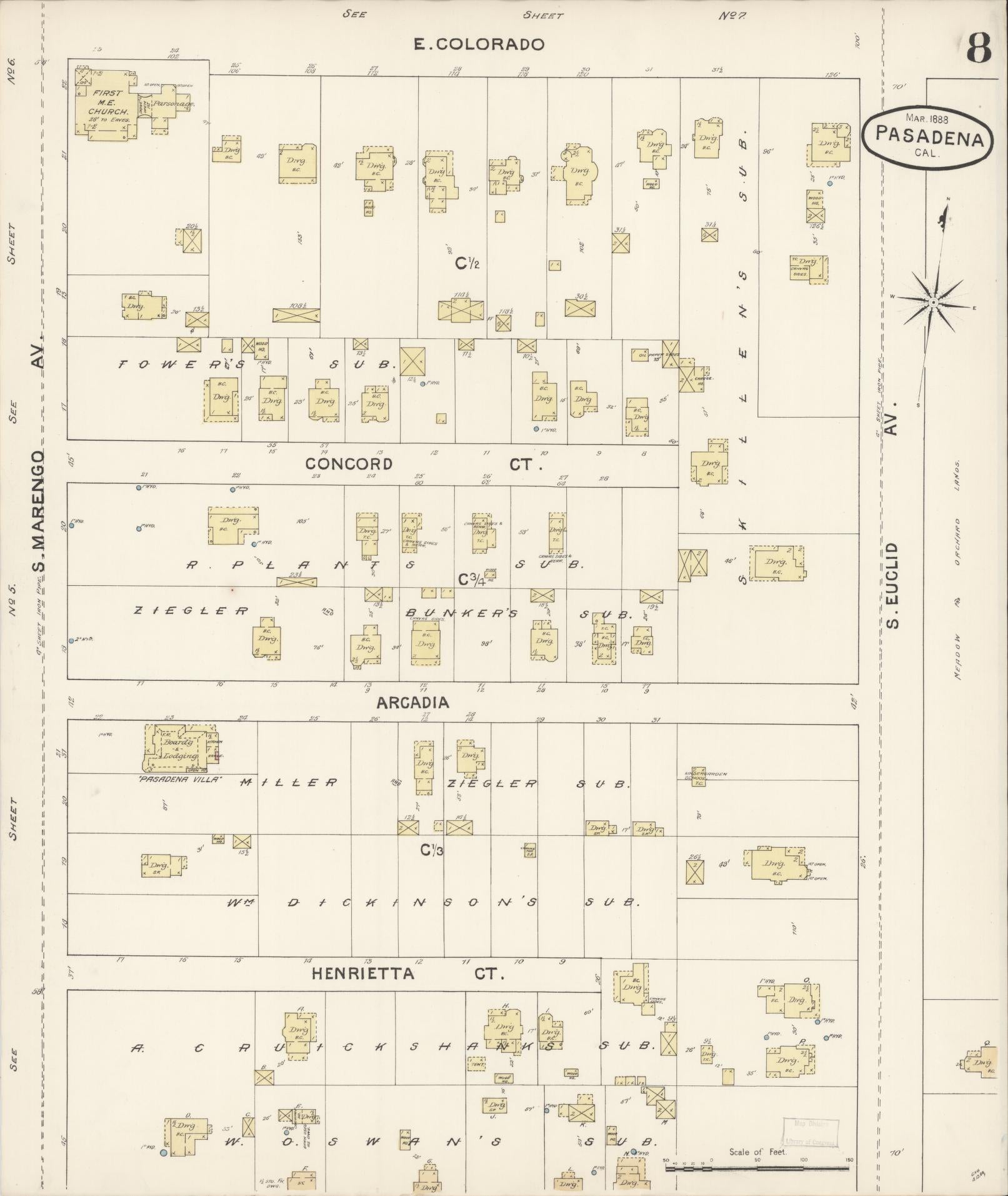 Sanborn Fire Insurance Map from Pasadena, Los Angeles County, California (1888), Sheet #0008 - Complete Map Set gallery image, historic Sanborn map, vintage wall art, California California