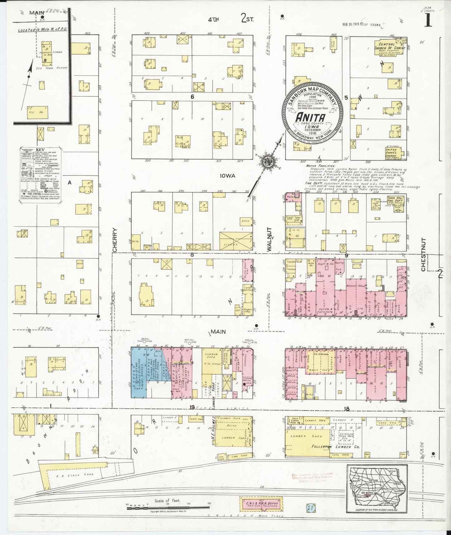 Sanborn Fire Insurance Map from Anita, Cass County, Iowa (1918), Sheet #0001 - Historic Sanborn Fire Insurance Map Print, vintage old map wall art