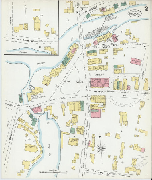 Sanborn Fire Insurance Map from Milford, Hillsborough County, New Hampshire (1901), Sheet #0002 - Historic Sanborn Fire Insurance Map Print, vintage old map wall art, antique decor, genealogy gift, New Hampshire New Hampshire map