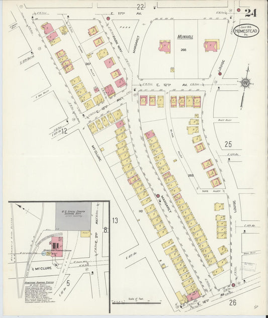 Sanborn Fire Insurance Map from Homestead, Allegheny County, Pennsylvania (1913), Sheet #0024 - Historic Sanborn Fire Insurance Map Print, vintage old map wall art, antique decor, genealogy gift, Pennsylvania Pennsylvania map
