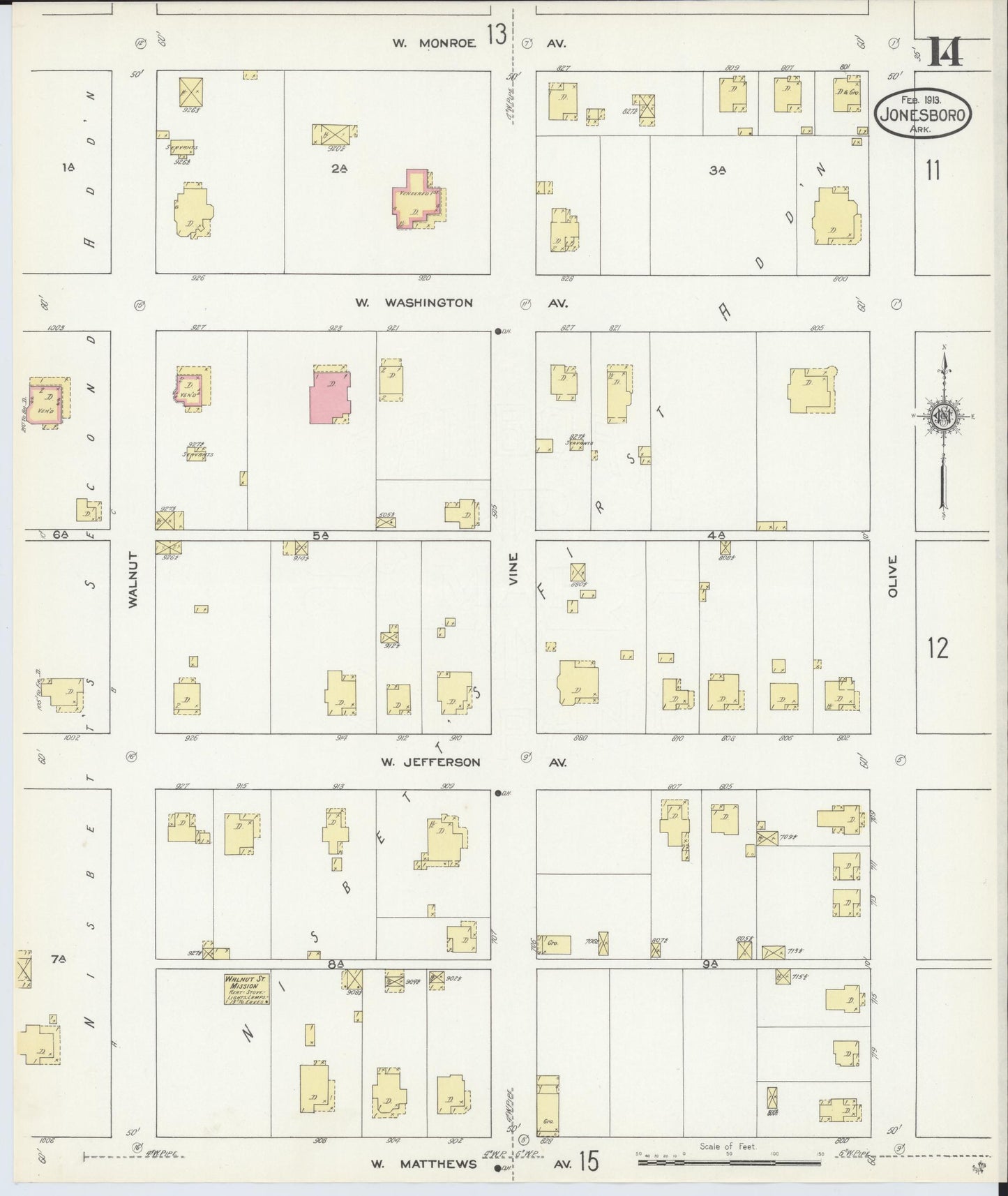 Sanborn Fire Insurance Map from Jonesboro, Craighead County, Arkansas (1913), Sheet #0014 - Complete Map Set gallery image, historic Sanborn map, vintage wall art, Arkansas Arkansas