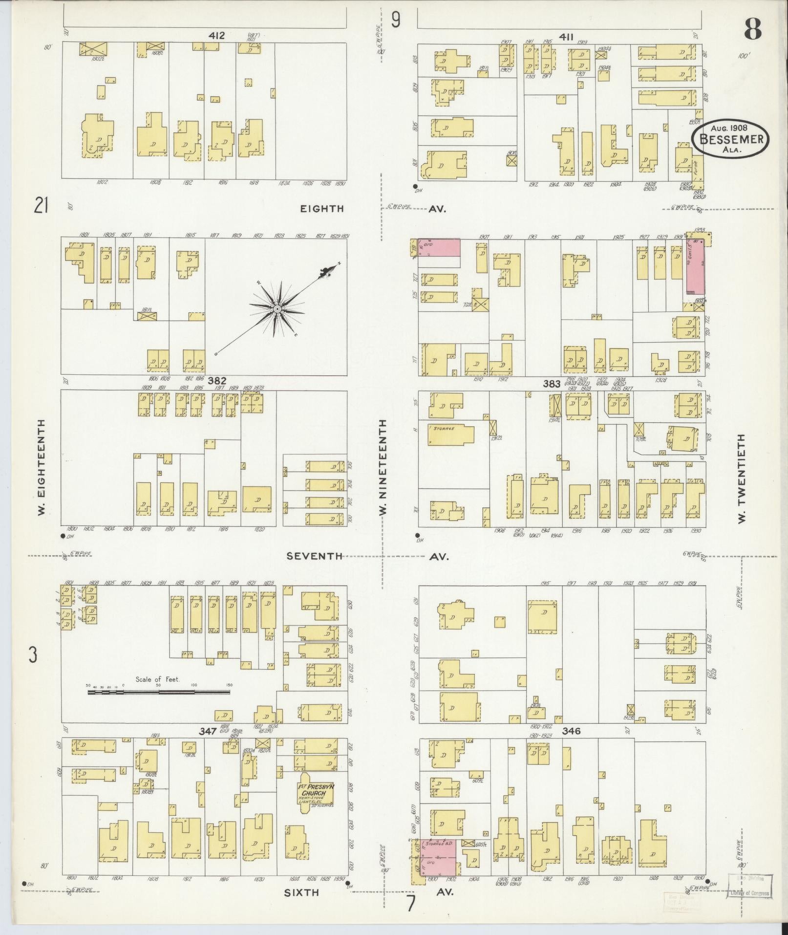 Sanborn Fire Insurance Map from Bessemer, Jefferson County, Alabama (1908), Sheet #0008 - Historic Sanborn Fire Insurance Map Print, vintage old map wall art, antique decor, genealogy gift, Alabama Alabama map