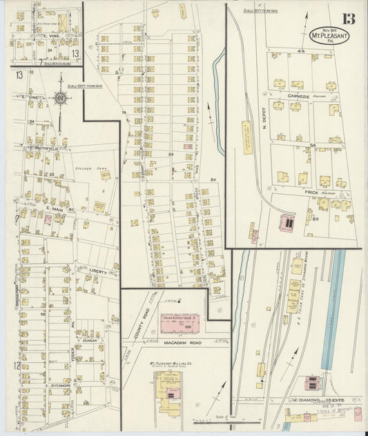 Sanborn Fire Insurance Map from Mount Pleasant, Westmoreland County, Pennsylvania (1914), Sheet #0013 - Historic Sanborn Fire Insurance Map Print, vintage old map wall art, antique decor, genealogy gift, Pennsylvania Pennsylvania map