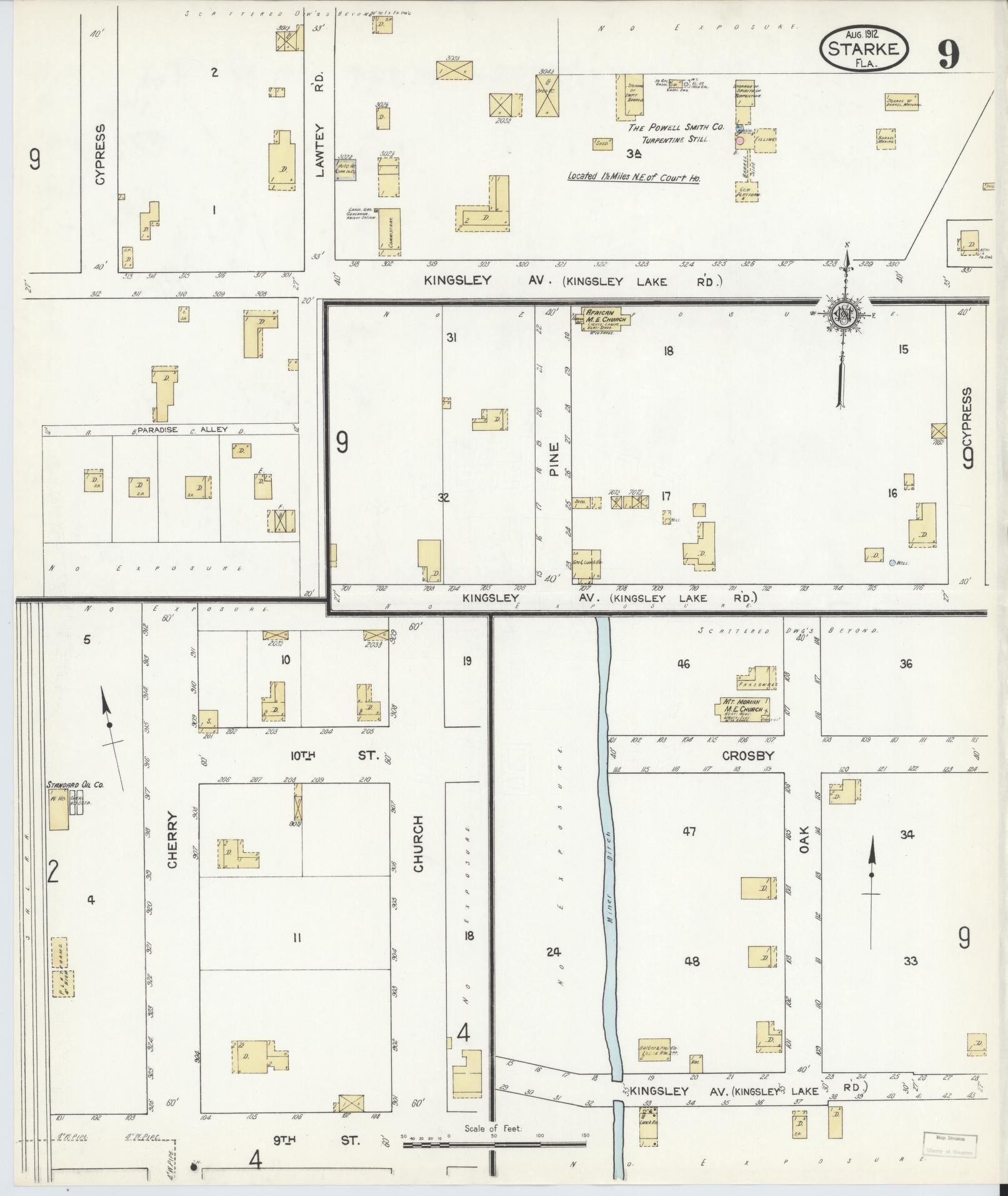Sanborn Fire Insurance Map from Starke, Bradford County, Florida (1912), Sheet #0009 - Complete Map Set gallery image, historic Sanborn map, vintage wall art, Florida Florida