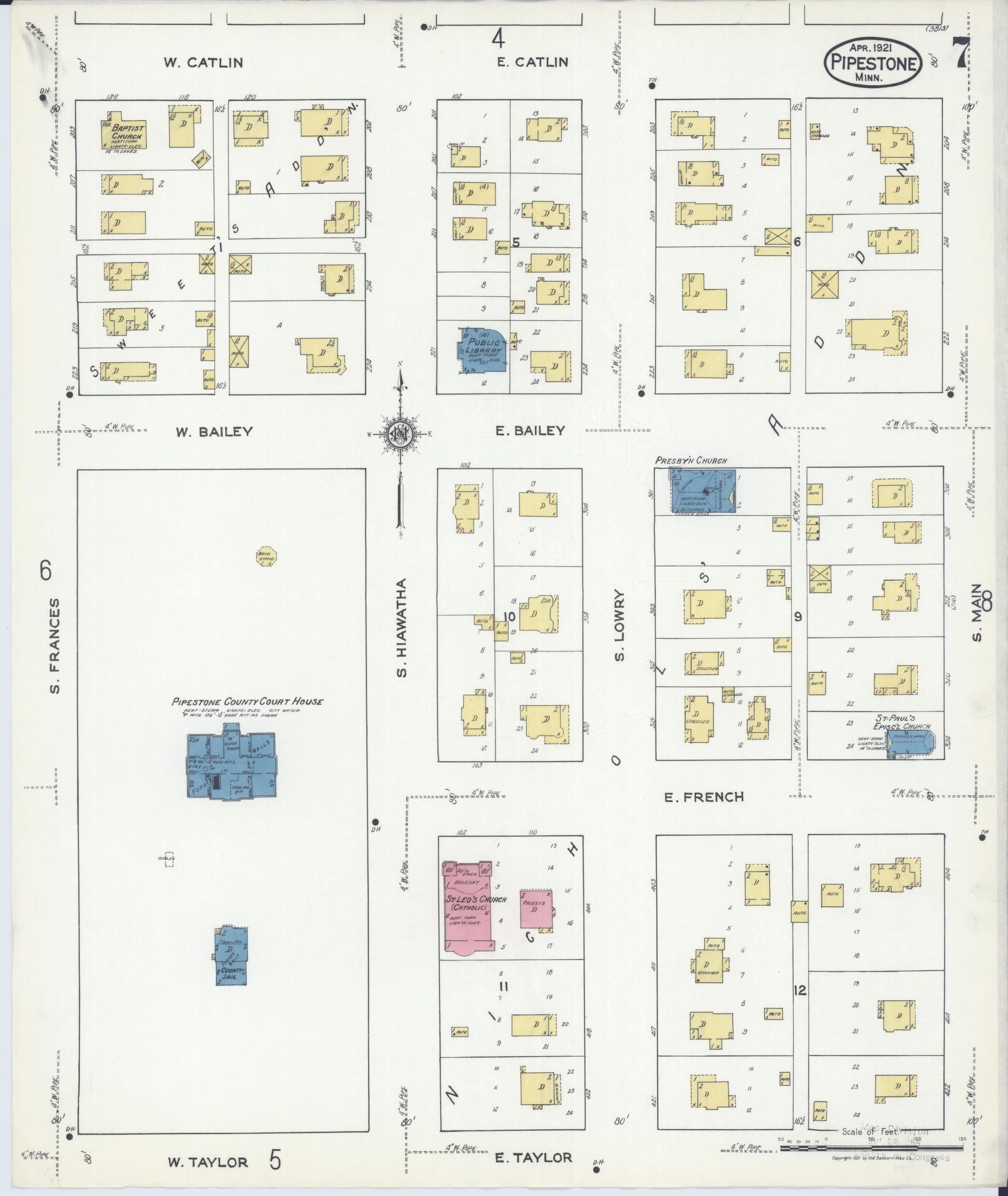 Sanborn Fire Insurance Map from Pipestone, Pipestone County, Minnesota (1921), Sheet #0007 - Historic Sanborn Fire Insurance Map Print, vintage old map wall art, antique decor, genealogy gift, Minnesota Minnesota map