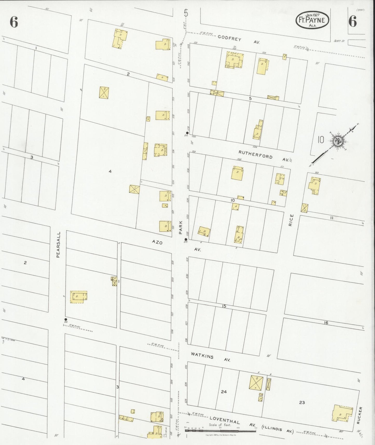 Sanborn Fire Insurance Map from Fort Payne, Dekalb County, Alabama (1927), Sheet #0006 - Complete Map Set gallery image, historic Sanborn map, vintage wall art, Alabama Alabama