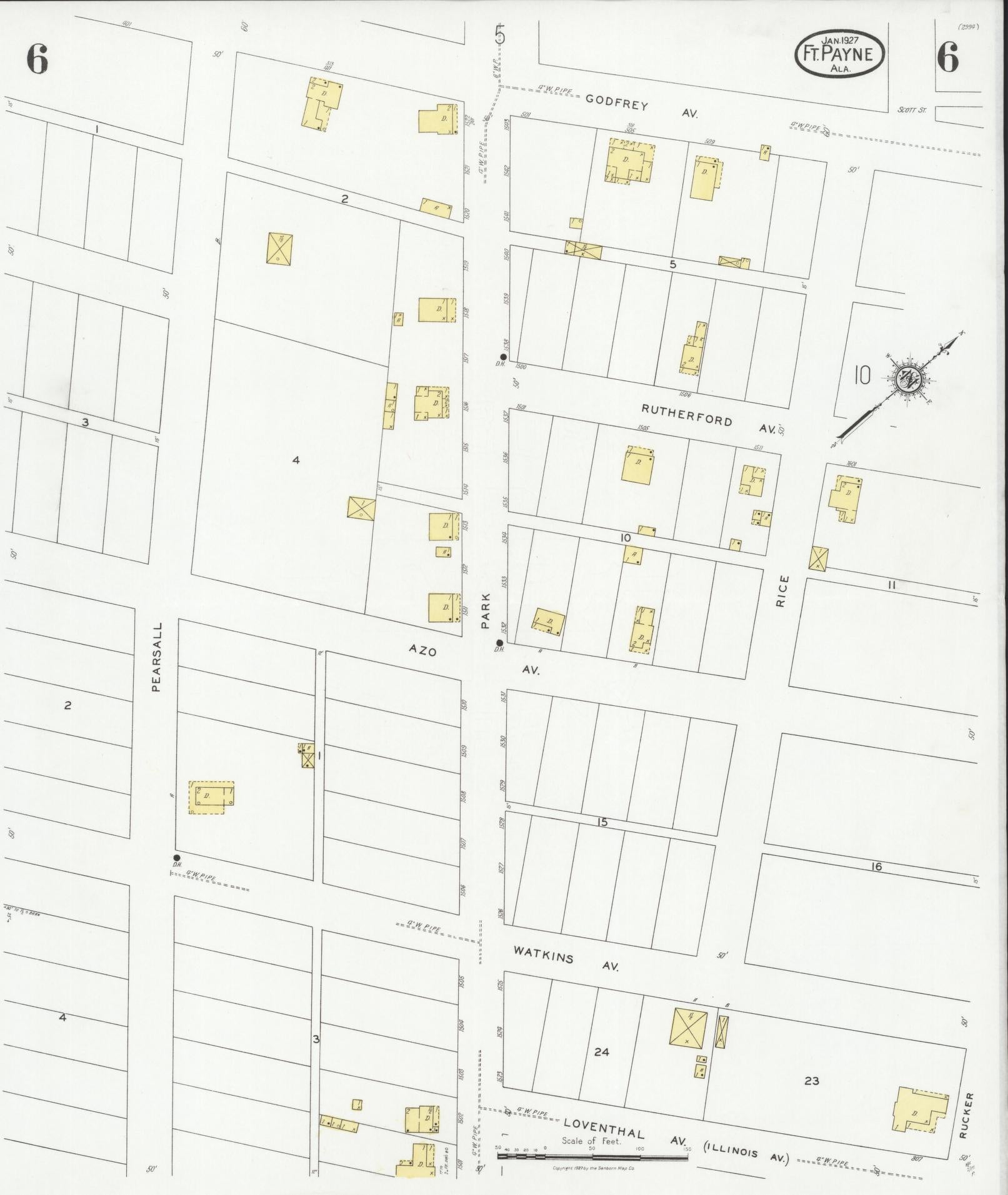 Sanborn Fire Insurance Map from Fort Payne, Dekalb County, Alabama (1927), Sheet #0006 - Complete Map Set gallery image, historic Sanborn map, vintage wall art, Alabama Alabama
