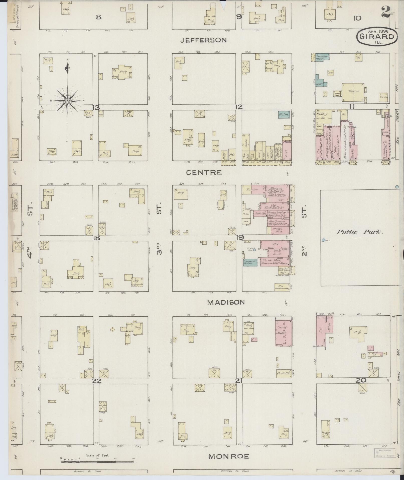 Sanborn Fire Insurance Map from Girard, Macoupin County, Illinois (1886), Sheet #0002 - Complete Map Set gallery image, historic Sanborn map, vintage wall art, Illinois Illinois