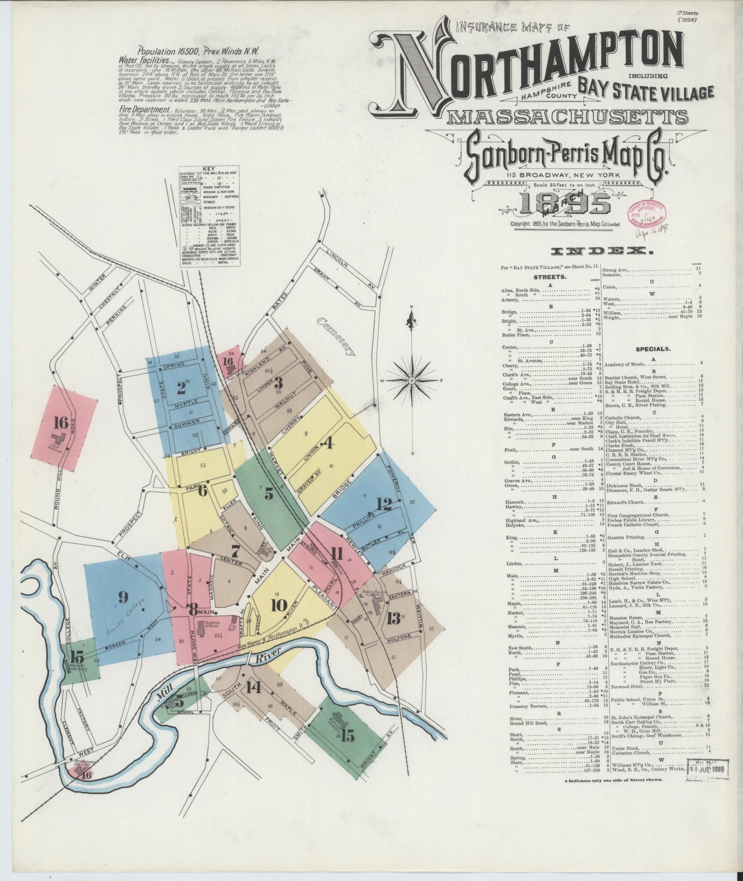 Sanborn Fire Insurance Map from Northampton, Hampshire County, Massachusetts (1895), Sheet #0001 - Historic Sanborn Fire Insurance Map Print, vintage old map wall art, antique decor, genealogy gift, Massachusetts Massachusetts map