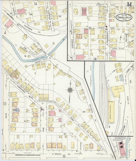 Sanborn Fire Insurance Map from Connellsville, Fayette County, Pennsylvania (1914), Sheet #0014 - Historic Sanborn Fire Insurance Map Print, vintage old map wall art, antique decor, genealogy gift, Pennsylvania Pennsylvania map
