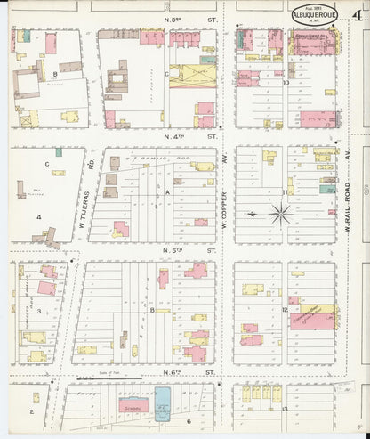 Sanborn Fire Insurance Map from Albuquerque, Bernalillo County, New Mexico (1893), Sheet #0004 - Complete Map Set gallery image, historic Sanborn map, vintage wall art, New Mexico New Mexico