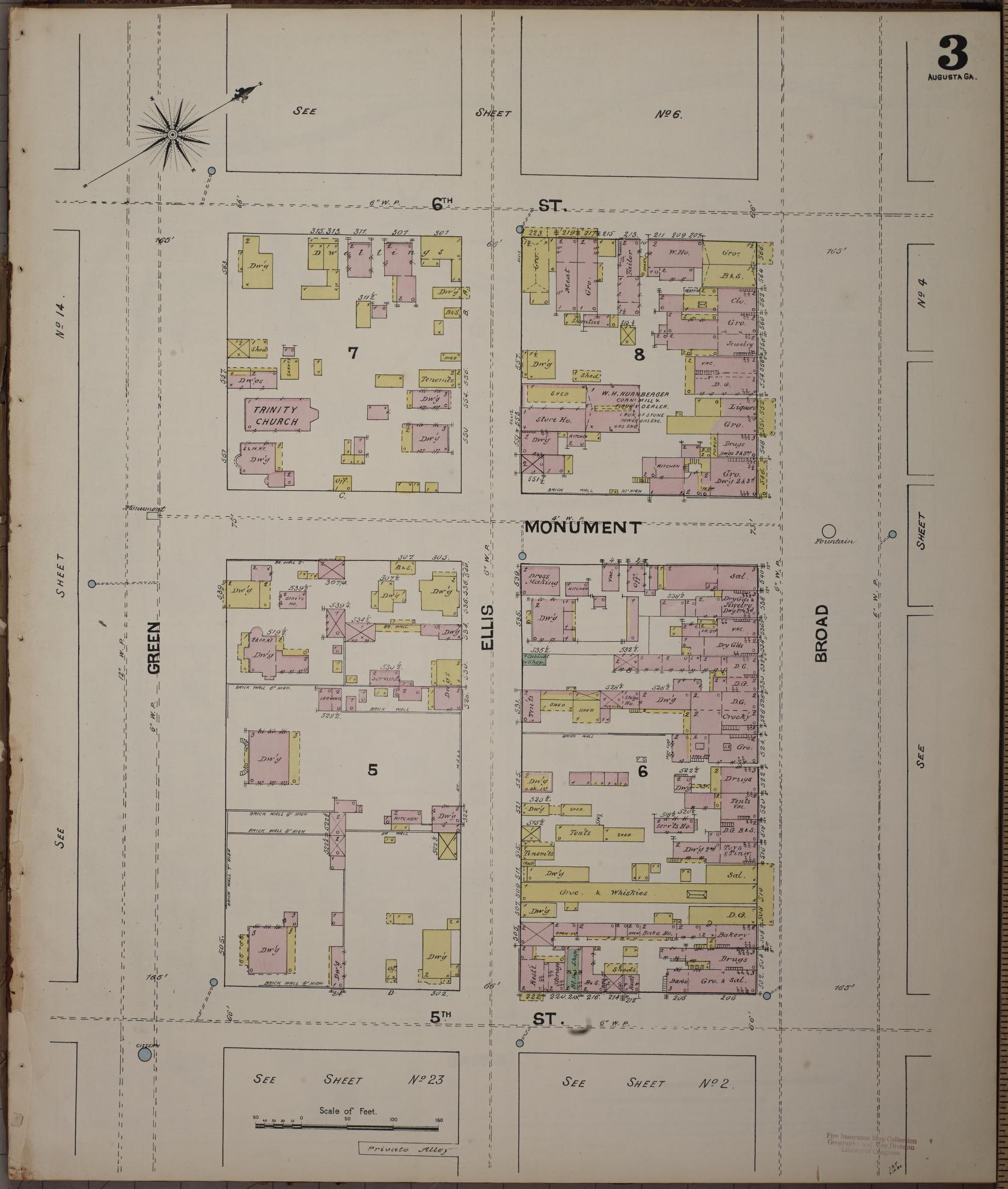 Sanborn Fire Insurance Map from Augusta, Richmond County, Georgia (1890), Sheet #0003 - Historic Sanborn Fire Insurance Map Print, vintage old map wall art, antique decor, genealogy gift, Georgia Georgia map