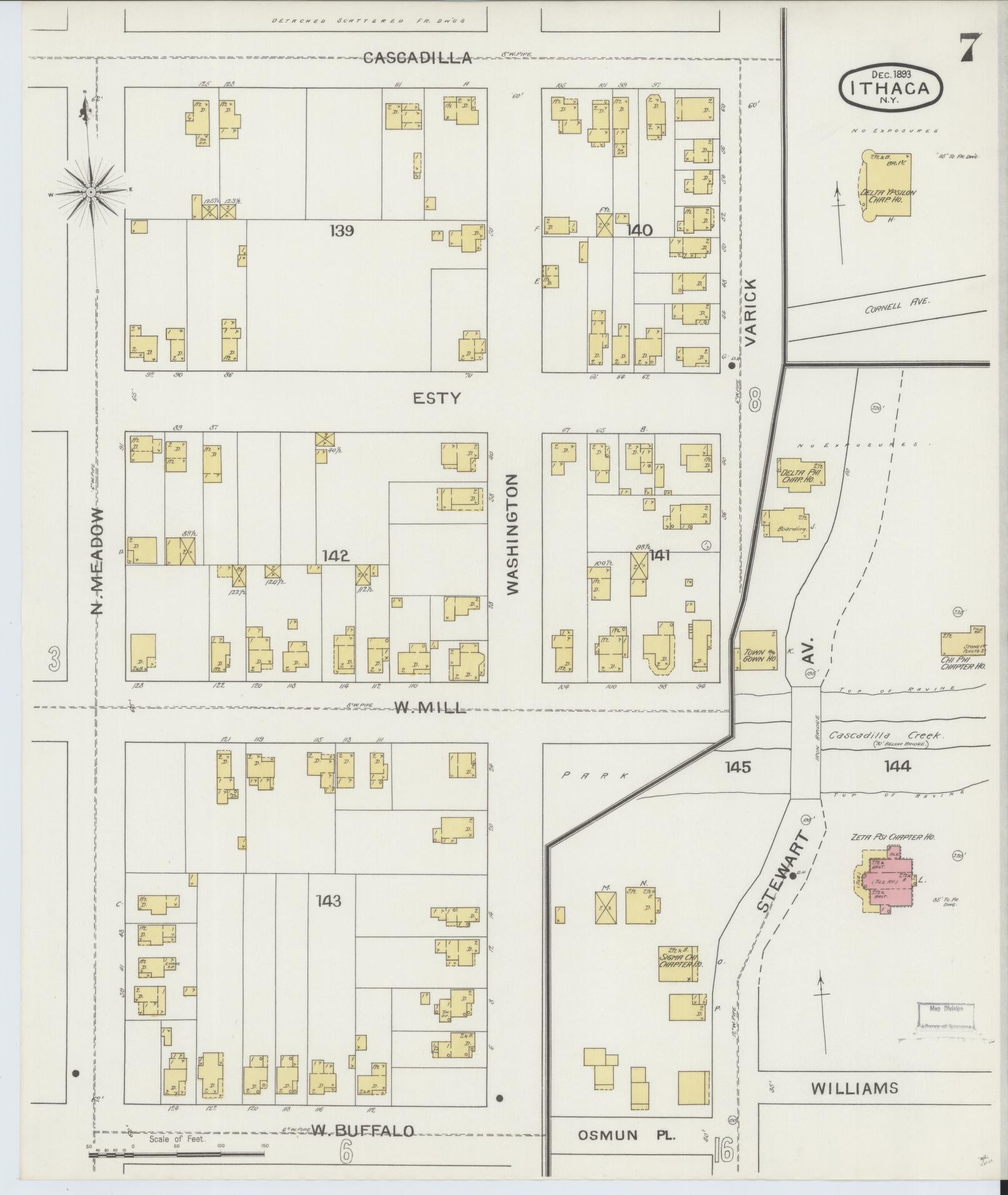 Sanborn Fire Insurance Map from Ithaca, Tompkins County, New York (1893), Sheet #0007 - Historic Sanborn Fire Insurance Map Print, vintage old map wall art, antique decor, genealogy gift, New York New York map