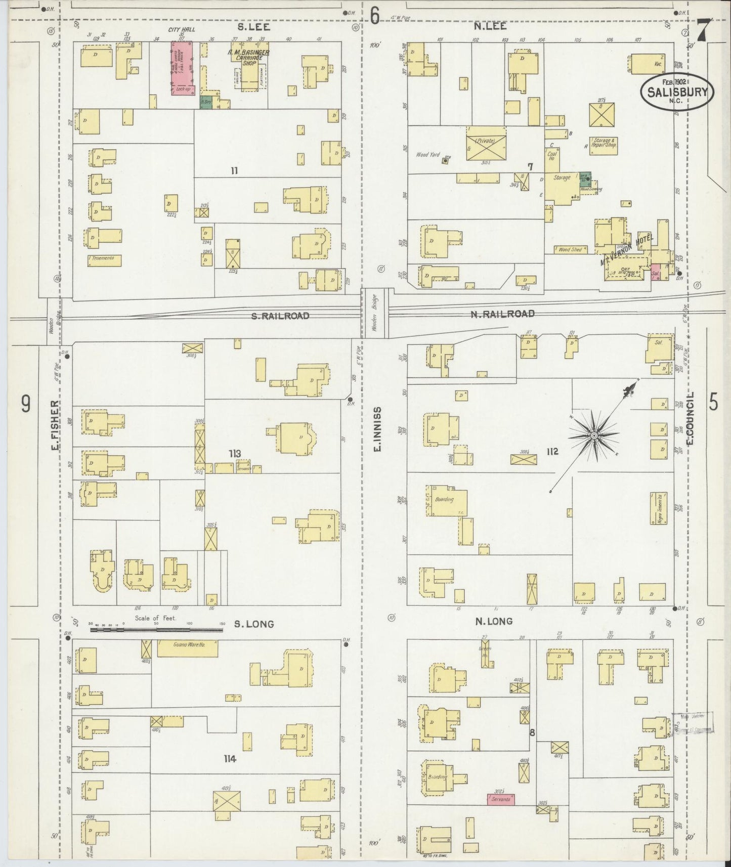 Sanborn Fire Insurance Map from Salisbury, Rowan County, North Carolina (1902), Sheet #0007 - Historic Sanborn Fire Insurance Map Print, vintage old map wall art, antique decor, genealogy gift, North Carolina North Carolina map