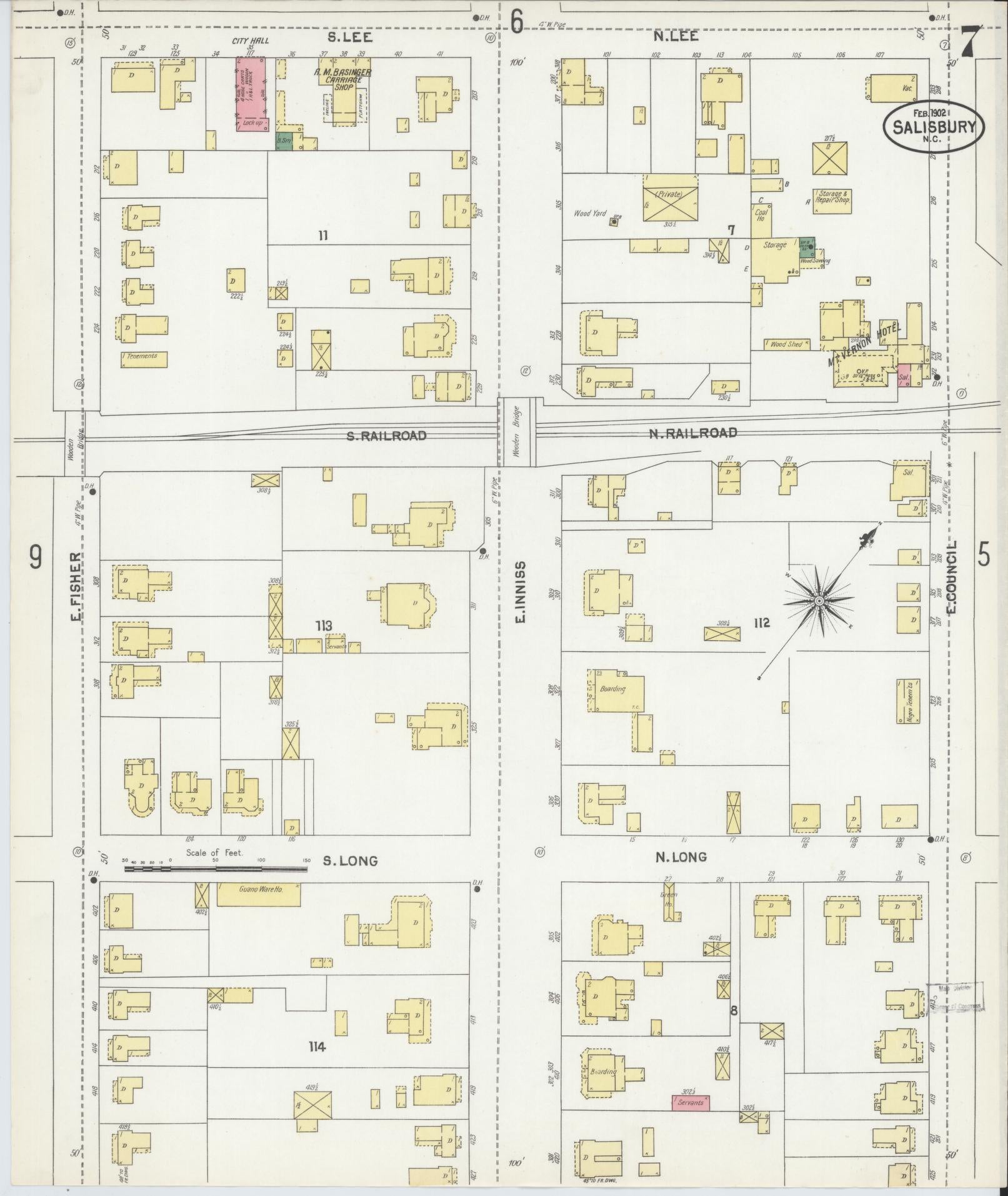 Sanborn Fire Insurance Map from Salisbury, Rowan County, North Carolina (1902), Sheet #0007 - Historic Sanborn Fire Insurance Map Print, vintage old map wall art, antique decor, genealogy gift, North Carolina North Carolina map