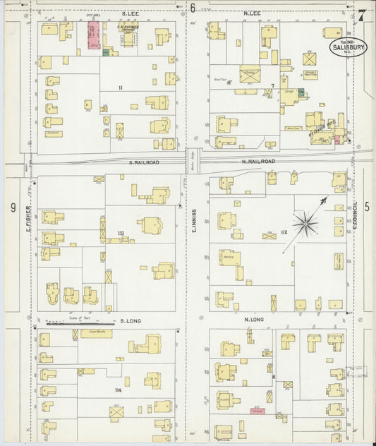 Sanborn Fire Insurance Map from Salisbury, Rowan County, North Carolina (1902), Sheet #0007 - Historic Sanborn Fire Insurance Map Print, vintage old map wall art, antique decor, genealogy gift, North Carolina North Carolina map