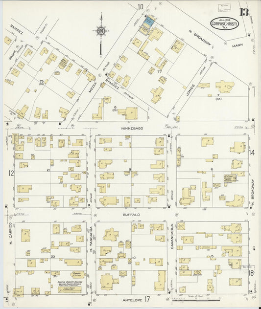 Sanborn Fire Insurance Map from Corpus Christi, Nueces County, Texas (1914), Sheet #0013 - Historic Sanborn Fire Insurance Map Print, vintage old map wall art, antique decor, genealogy gift, Texas Texas map