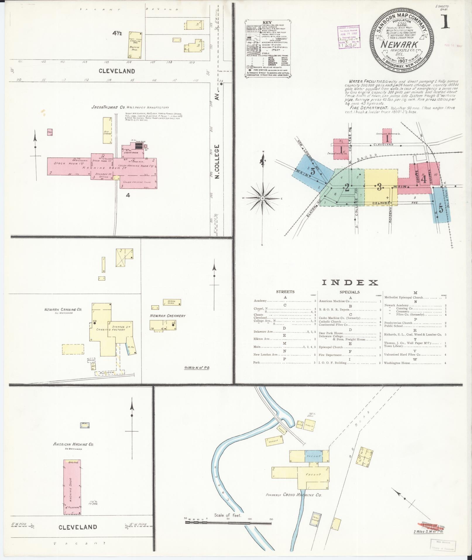 Sanborn Fire Insurance Map from Newark, New Castle County, Delaware (1907), Sheet #0001 - Complete Map Set gallery image, historic Sanborn map, vintage wall art, Delaware Delaware