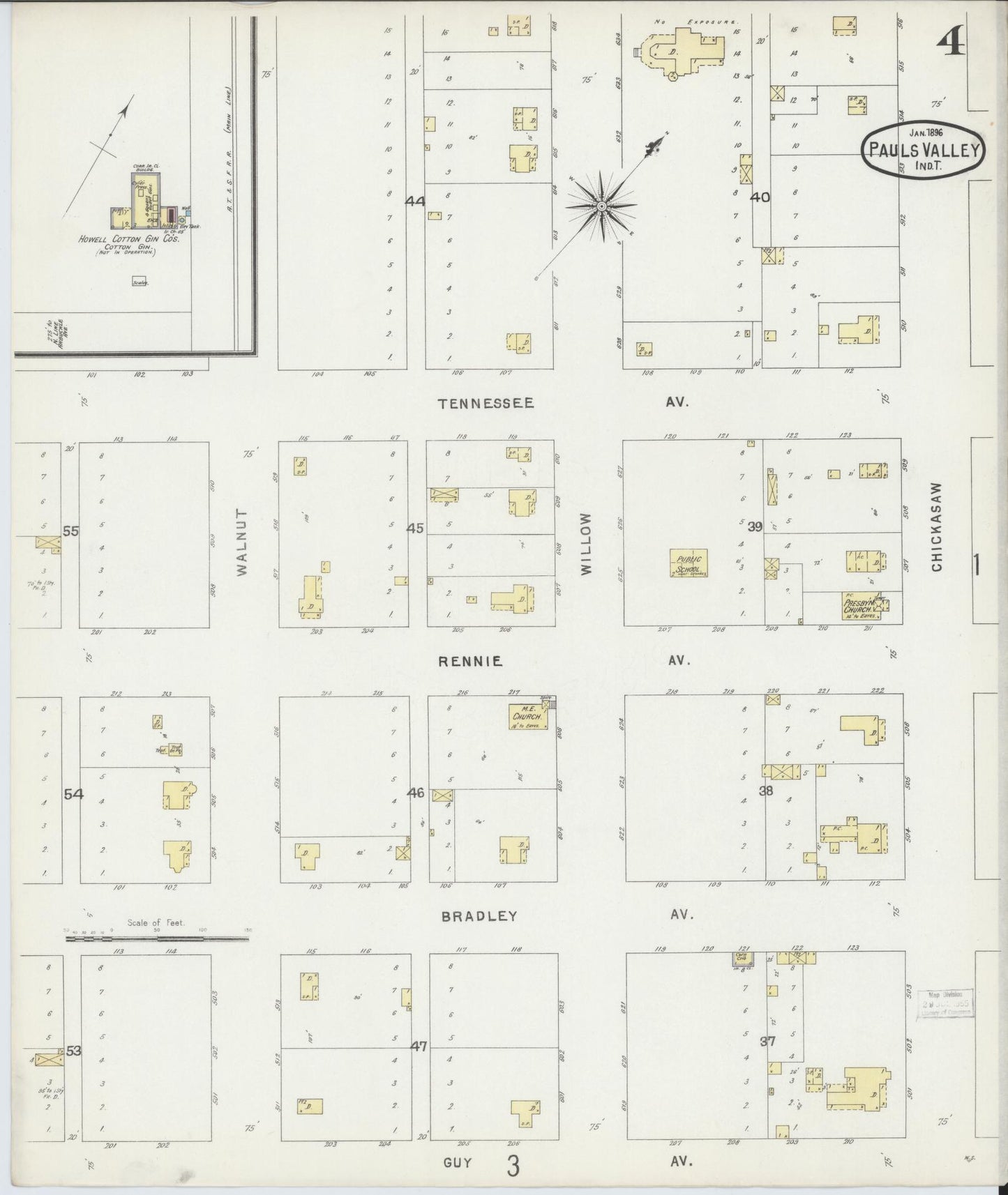 Sanborn Fire Insurance Map from Pauls Valley, Garvin County, Oklahoma (1896), Sheet #0004 - Complete Map Set gallery image, historic Sanborn map, vintage wall art, Oklahoma Oklahoma