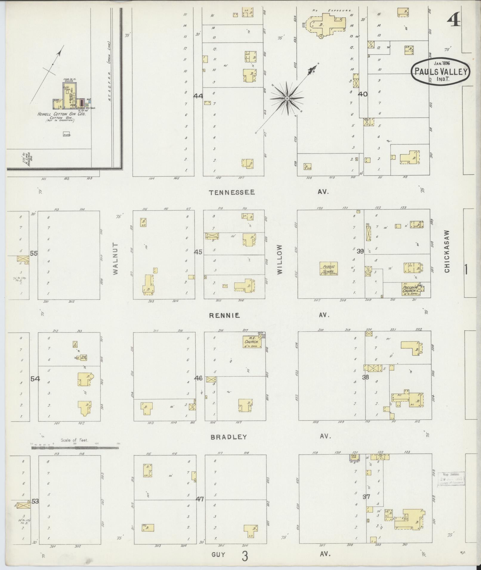 Sanborn Fire Insurance Map from Pauls Valley, Garvin County, Oklahoma (1896), Sheet #0004 - Complete Map Set gallery image, historic Sanborn map, vintage wall art, Oklahoma Oklahoma