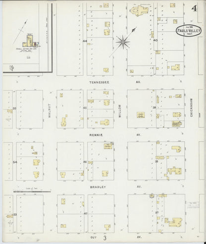 Sanborn Fire Insurance Map from Pauls Valley, Garvin County, Oklahoma (1896), Sheet #0004 - Complete Map Set gallery image, historic Sanborn map, vintage wall art, Oklahoma Oklahoma
