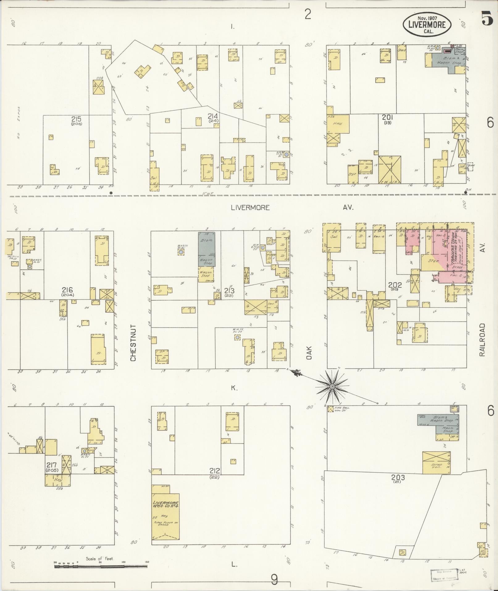 Sanborn Fire Insurance Map from Livermore, Alameda County, California (1907), Sheet #0005 - Historic Sanborn Fire Insurance Map Print, vintage old map wall art, antique decor, genealogy gift, California California map