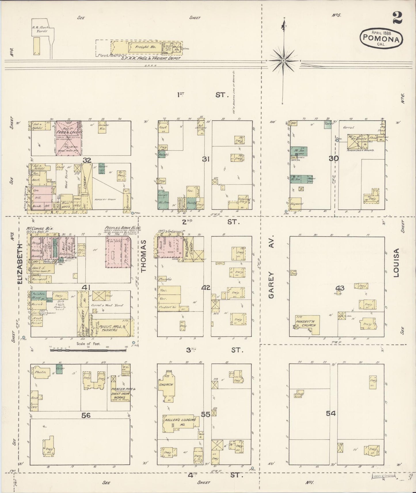 Sanborn Fire Insurance Map from Pomona, Los Angeles County, California (1888), Sheet #0002 - Complete Map Set gallery image, historic Sanborn map, vintage wall art, California California