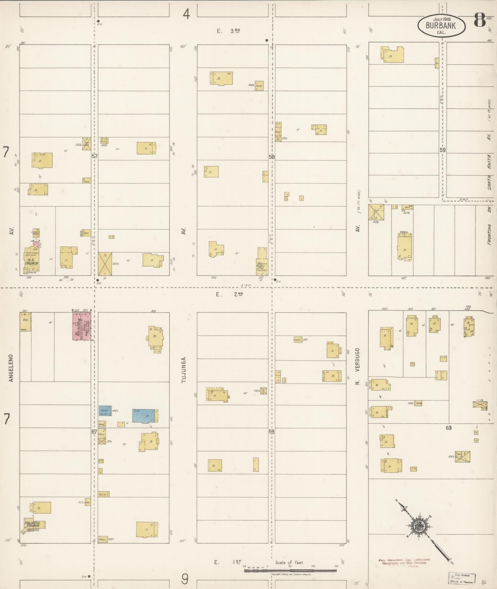 Sanborn Fire Insurance Map from Burbank, Los Angeles County, California (1918), Sheet #0008 - Complete Map Set gallery image, historic Sanborn map, vintage wall art, California California