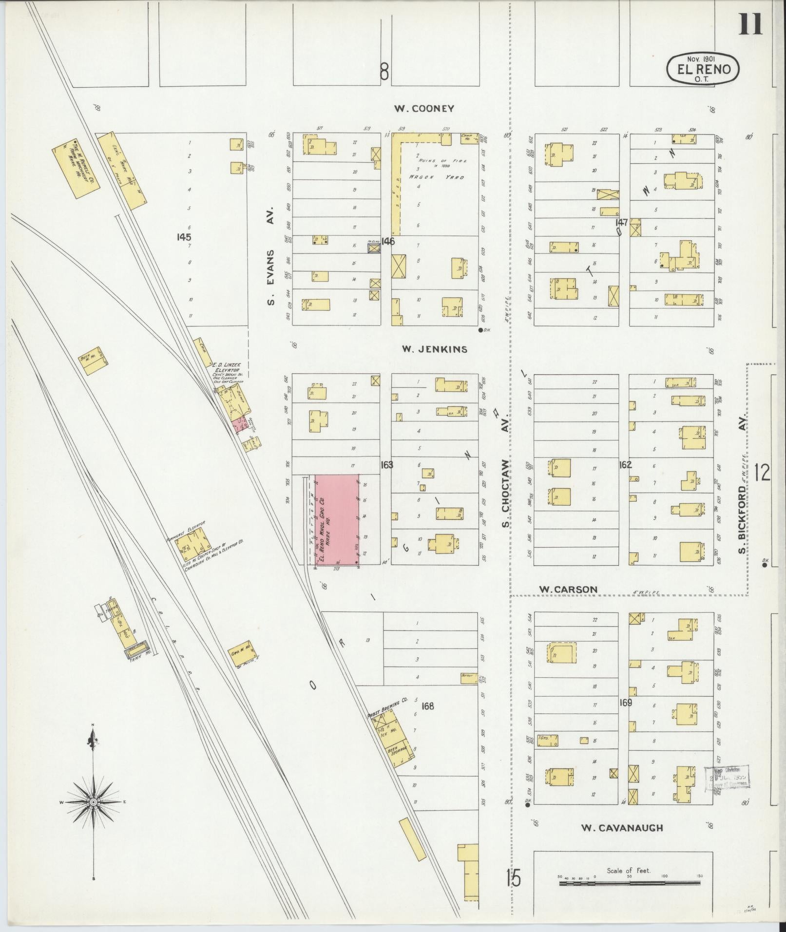 Sanborn Fire Insurance Map from El Reno, Canadian County, Oklahoma (1901), Sheet #0011 - Complete Map Set gallery image, historic Sanborn map, vintage wall art, Oklahoma Oklahoma