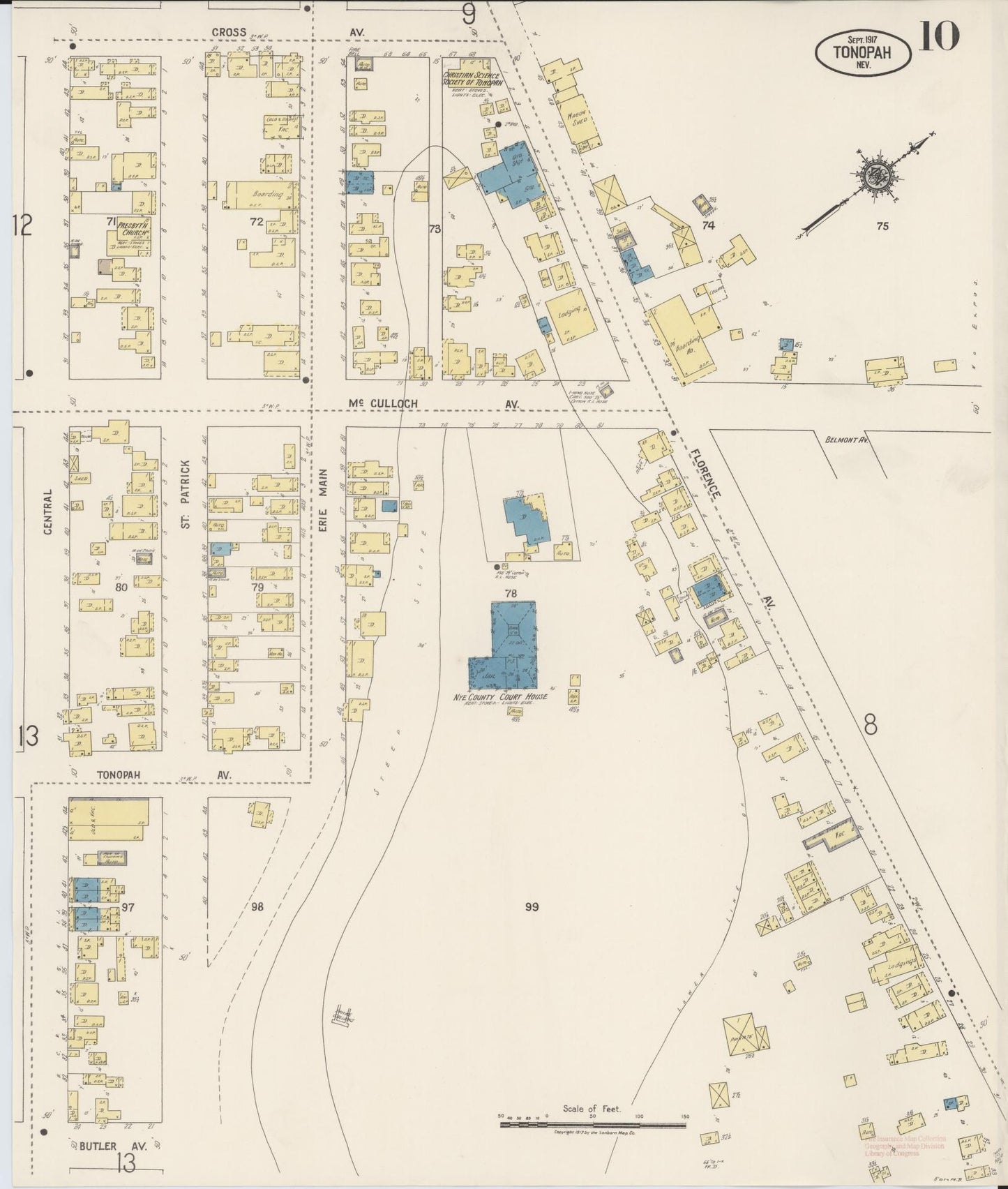 Sanborn Fire Insurance Map from Tonopah, Nye County, Nevada (1917), Sheet #0010 - Historic Sanborn Fire Insurance Map Print, vintage old map wall art, antique decor, genealogy gift, Nevada Nevada map