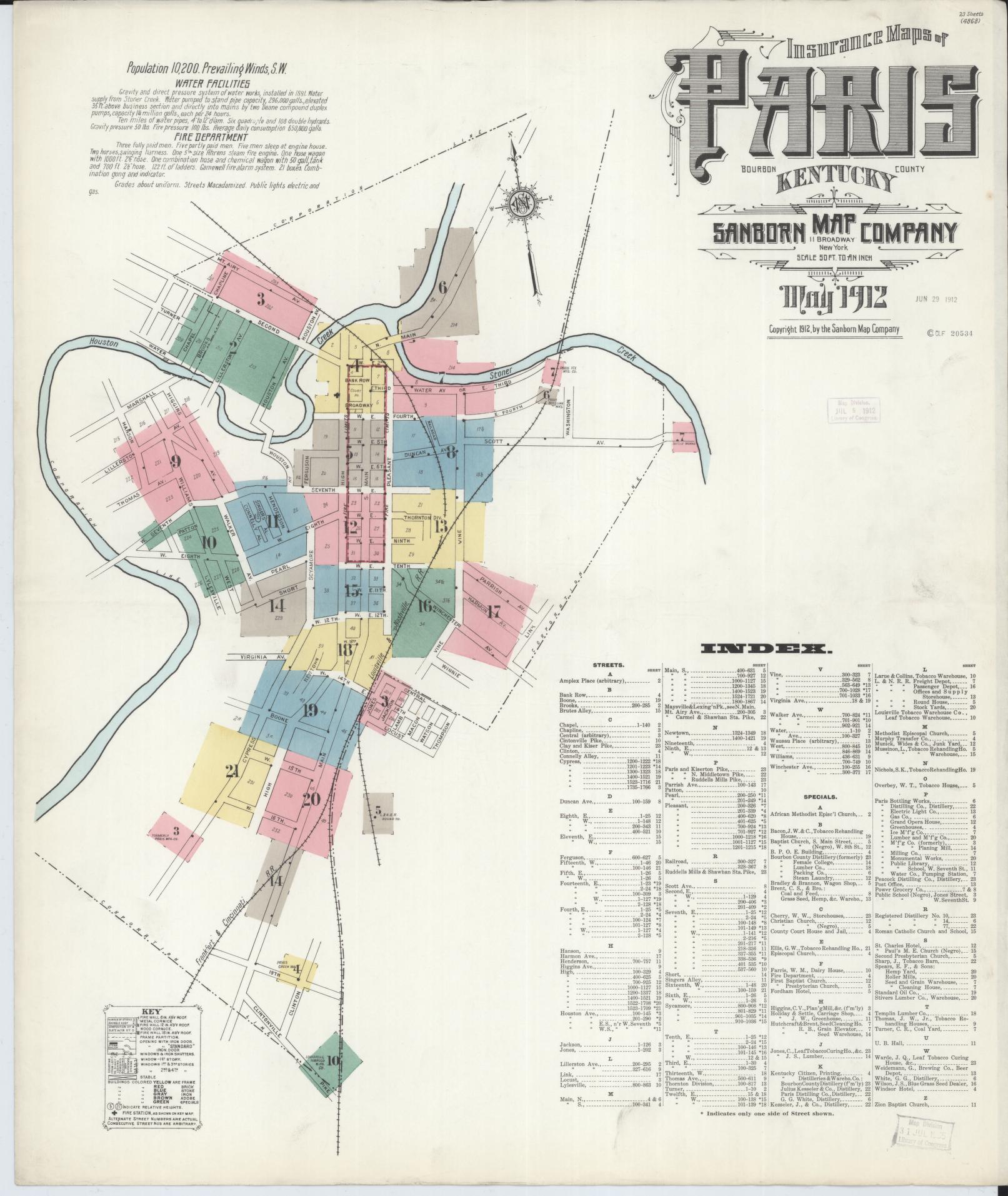 Sanborn Fire Insurance Map from Paris, Bourbon County, Kentucky (1912), Sheet #0001 - Complete Map Set gallery image, historic Sanborn map, vintage wall art, Kentucky Kentucky