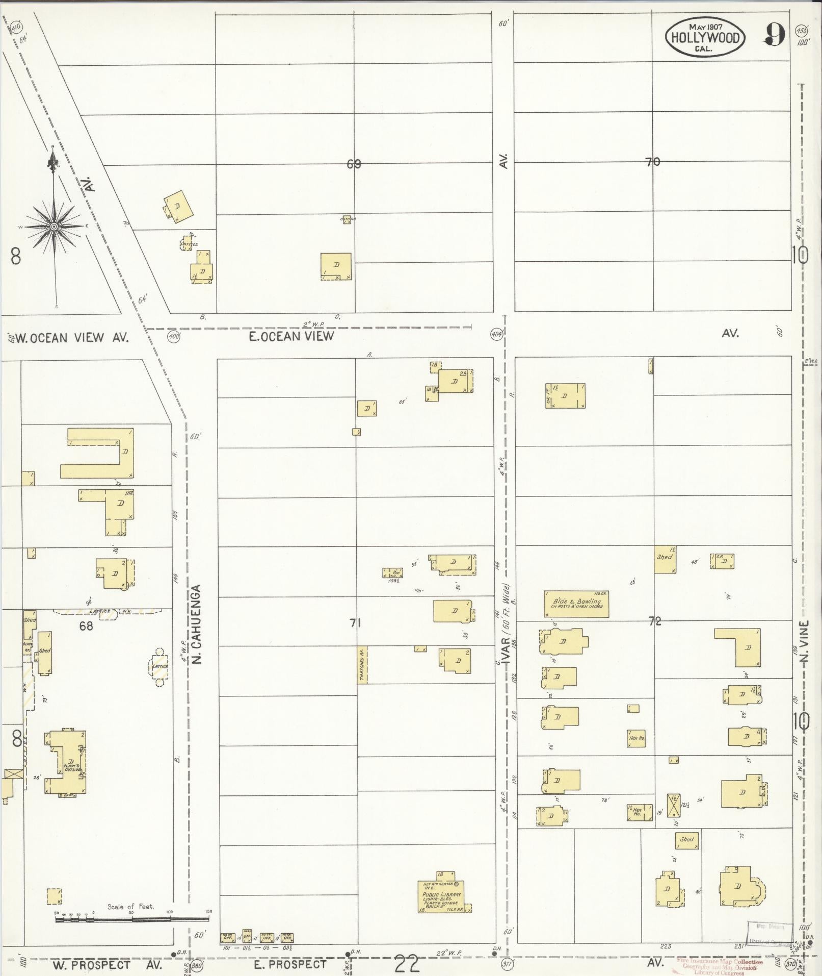 Sanborn Fire Insurance Map from Hollywood, Los Angeles County, California (1907), Sheet #0009 - Complete Map Set gallery image, historic Sanborn map, vintage wall art, California California