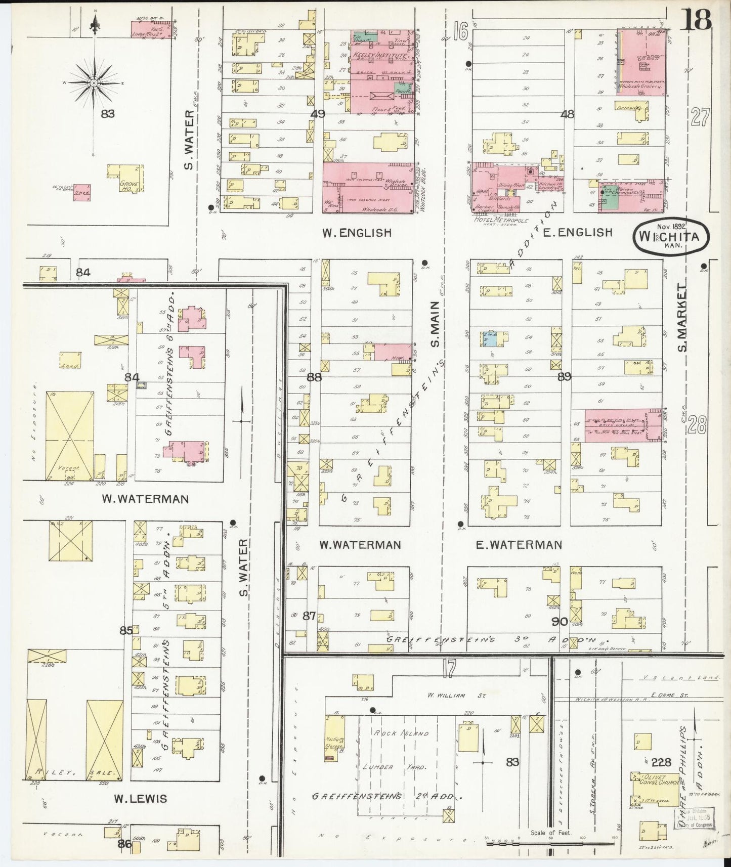 Sanborn Fire Insurance Map from Wichita, Sedgwick County, Kansas (1892), Sheet #0018 - Complete Map Set gallery image, historic Sanborn map, vintage wall art, Kansas Kansas