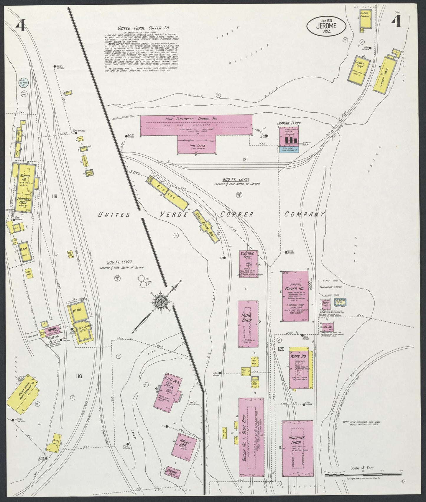Sanborn Fire Insurance Map from Jerome, Yavapai County, Arizona (1924), Sheet #0004 - Complete Map Set gallery image, historic Sanborn map, vintage wall art, Arizona Arizona
