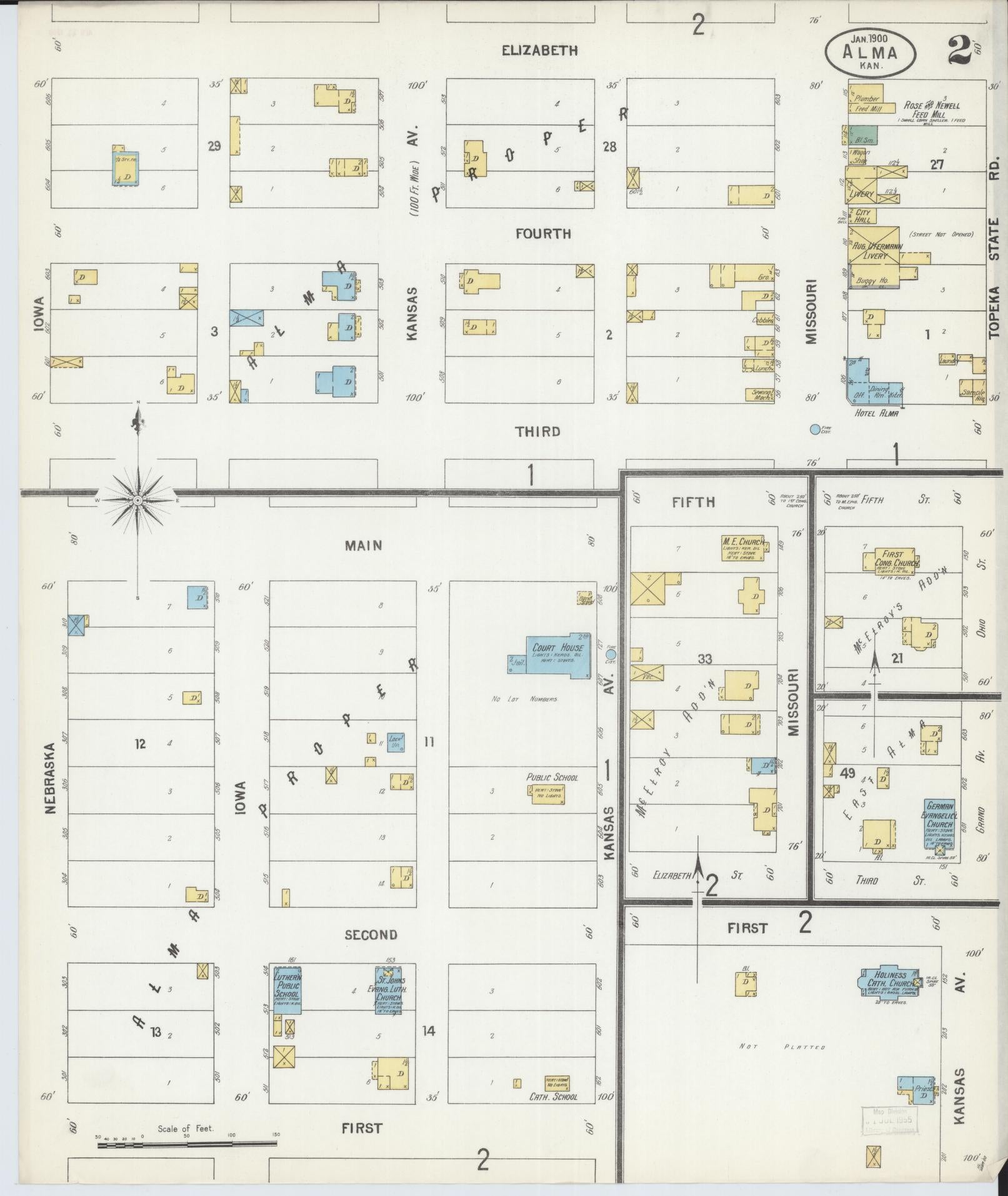 Sanborn Fire Insurance Map from Alma, Wabaunsee County, Kansas (1900), Sheet #0002 - Historic Sanborn Fire Insurance Map Print, vintage old map wall art, antique decor, genealogy gift, Kansas Kansas map
