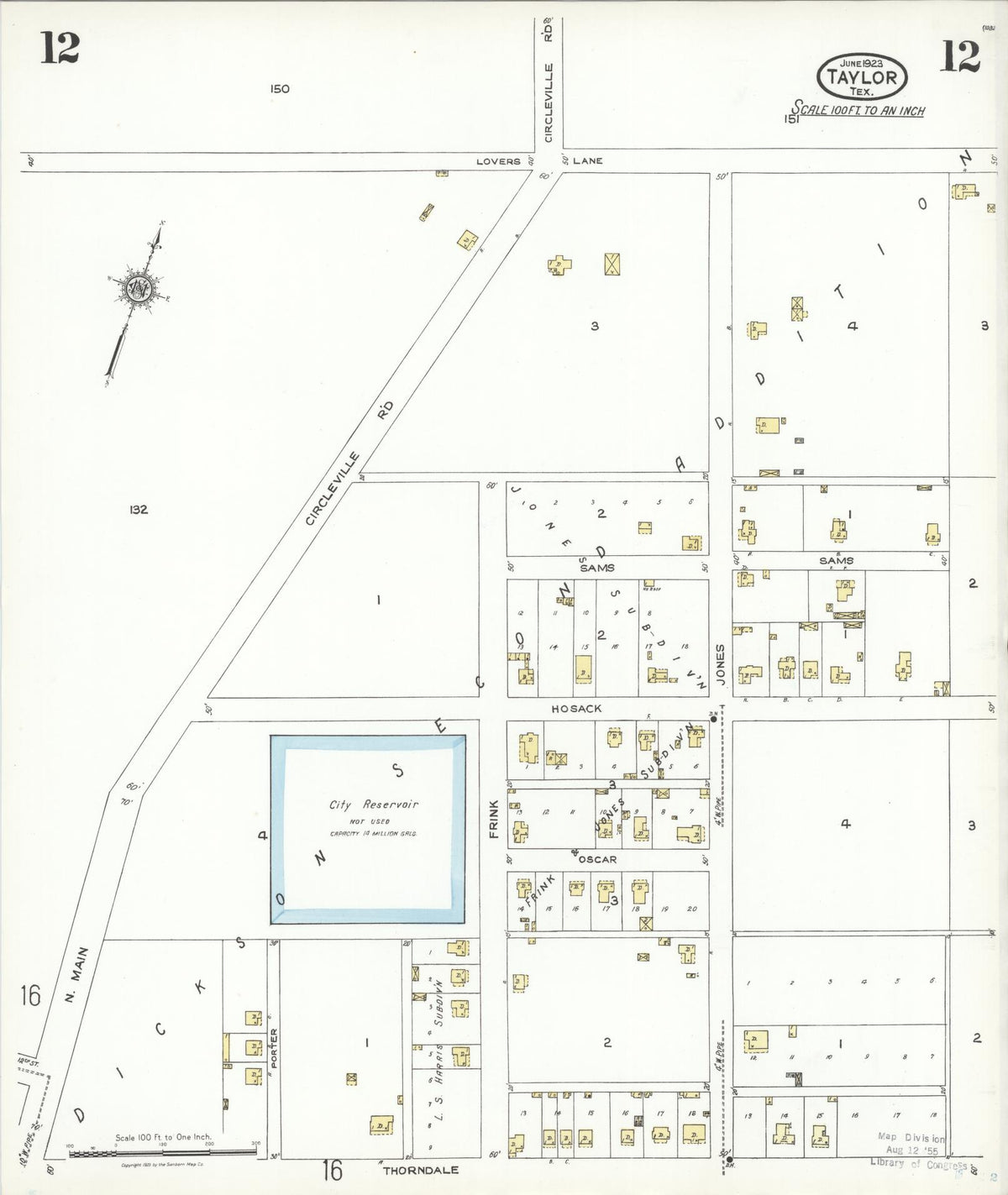 Sanborn Fire Insurance Map from Taylor, Williamson County, Texas (1923), Sheet #0012 - Historic Sanborn Fire Insurance Map Print, vintage old map wall art, antique decor, genealogy gift, Texas Texas map