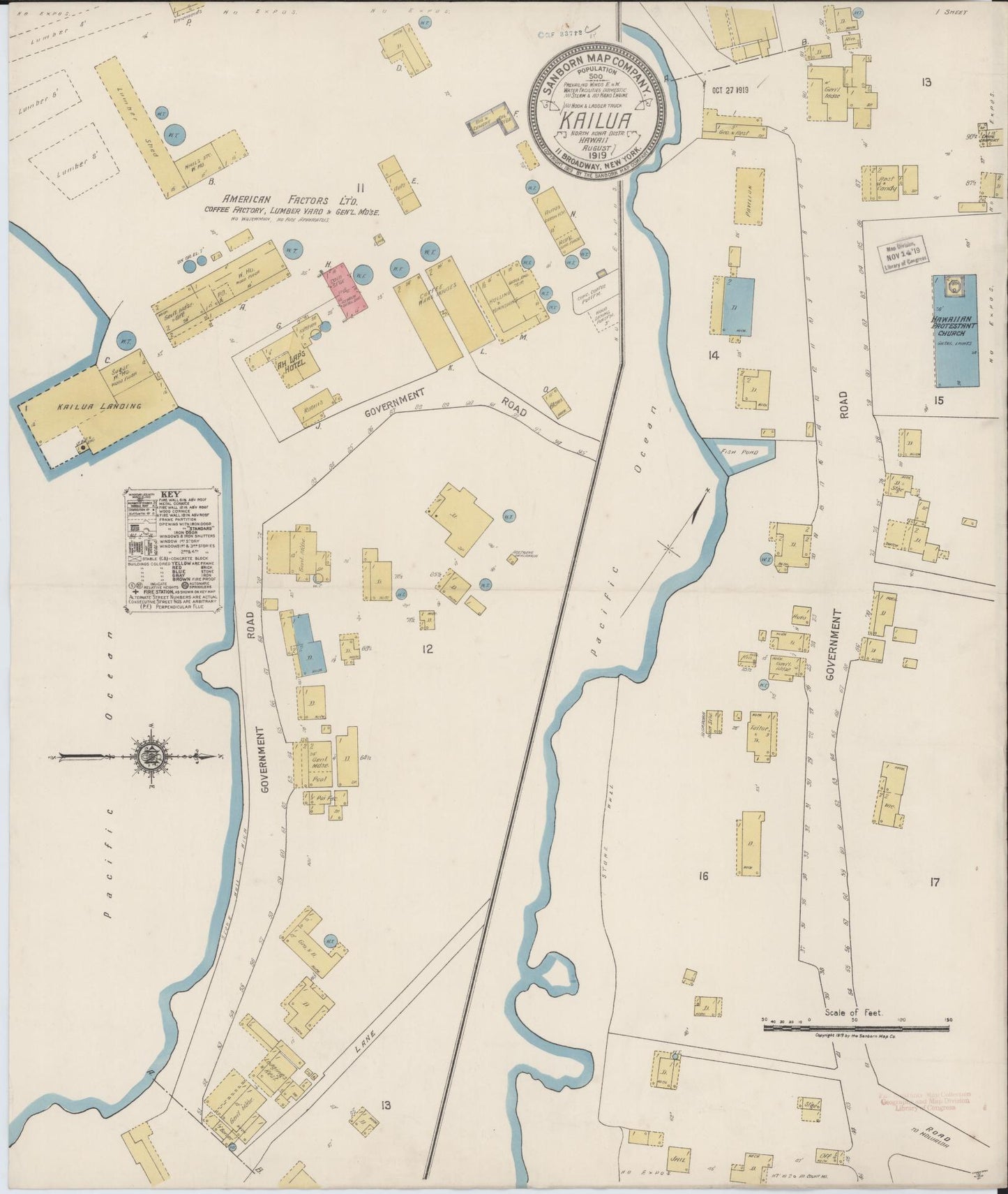 Sanborn Fire Insurance Map from Kailua, Hawaii County, Hawaii (1919), Sheet #0001 - Historic Sanborn Fire Insurance Map Print, vintage old map wall art, antique decor, genealogy gift, Kailua Hawaii map