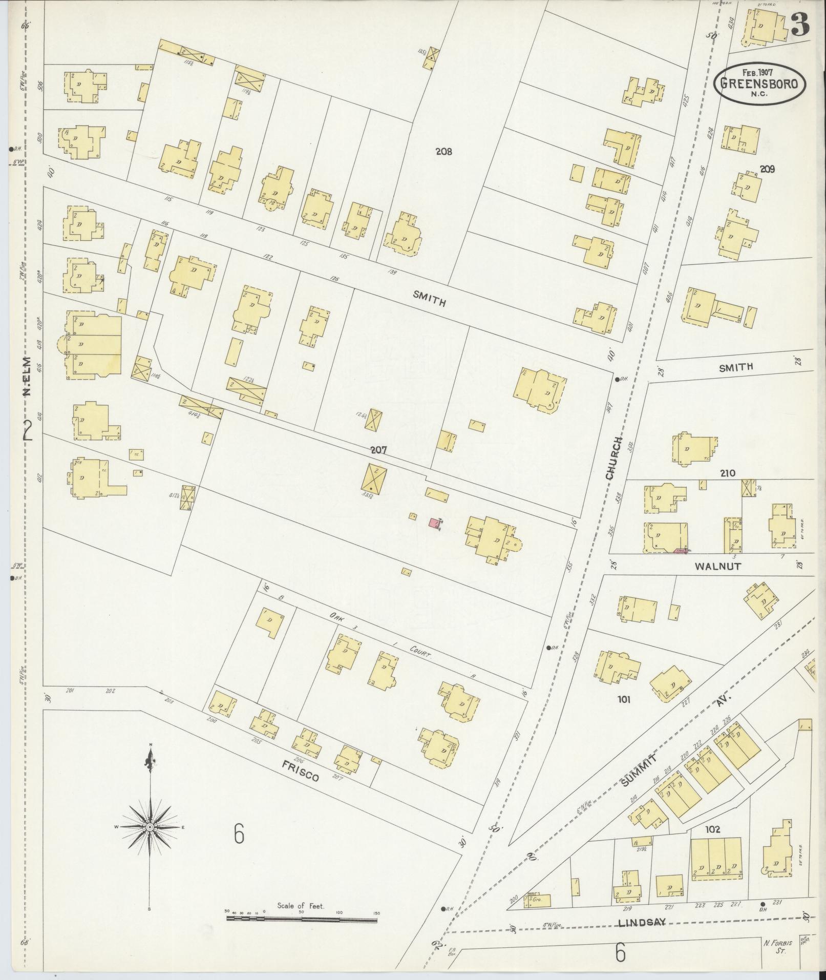 Sanborn Fire Insurance Map from Greensboro, Guilford County, North Carolina (1907), Sheet #0003 - Complete Map Set gallery image, historic Sanborn map, vintage wall art, North Carolina North Carolina