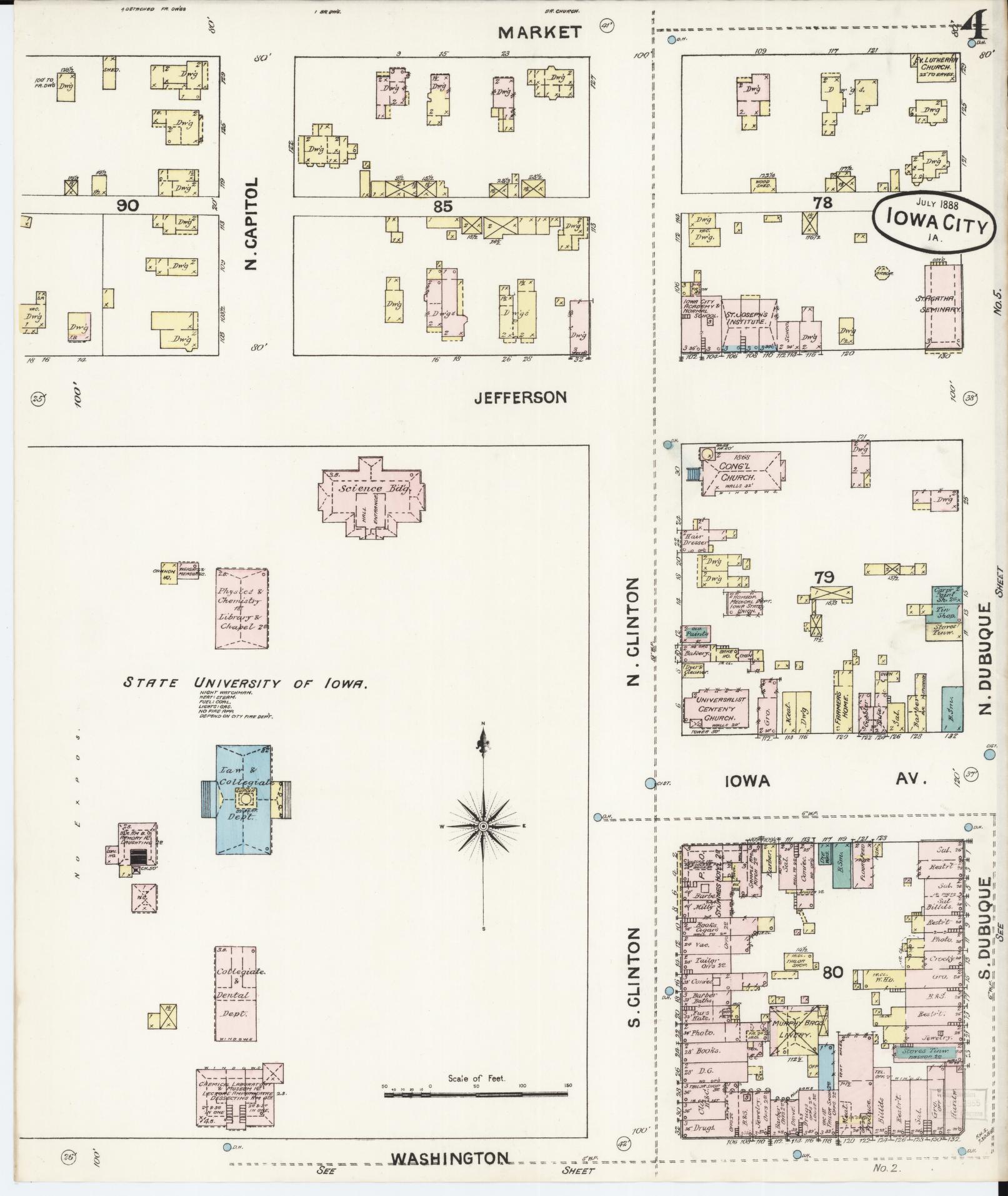 Sanborn Fire Insurance Map from Iowa City, Johnson County, Iowa (1888), Sheet #0004 - Historic Sanborn Fire Insurance Map Print, vintage old map wall art