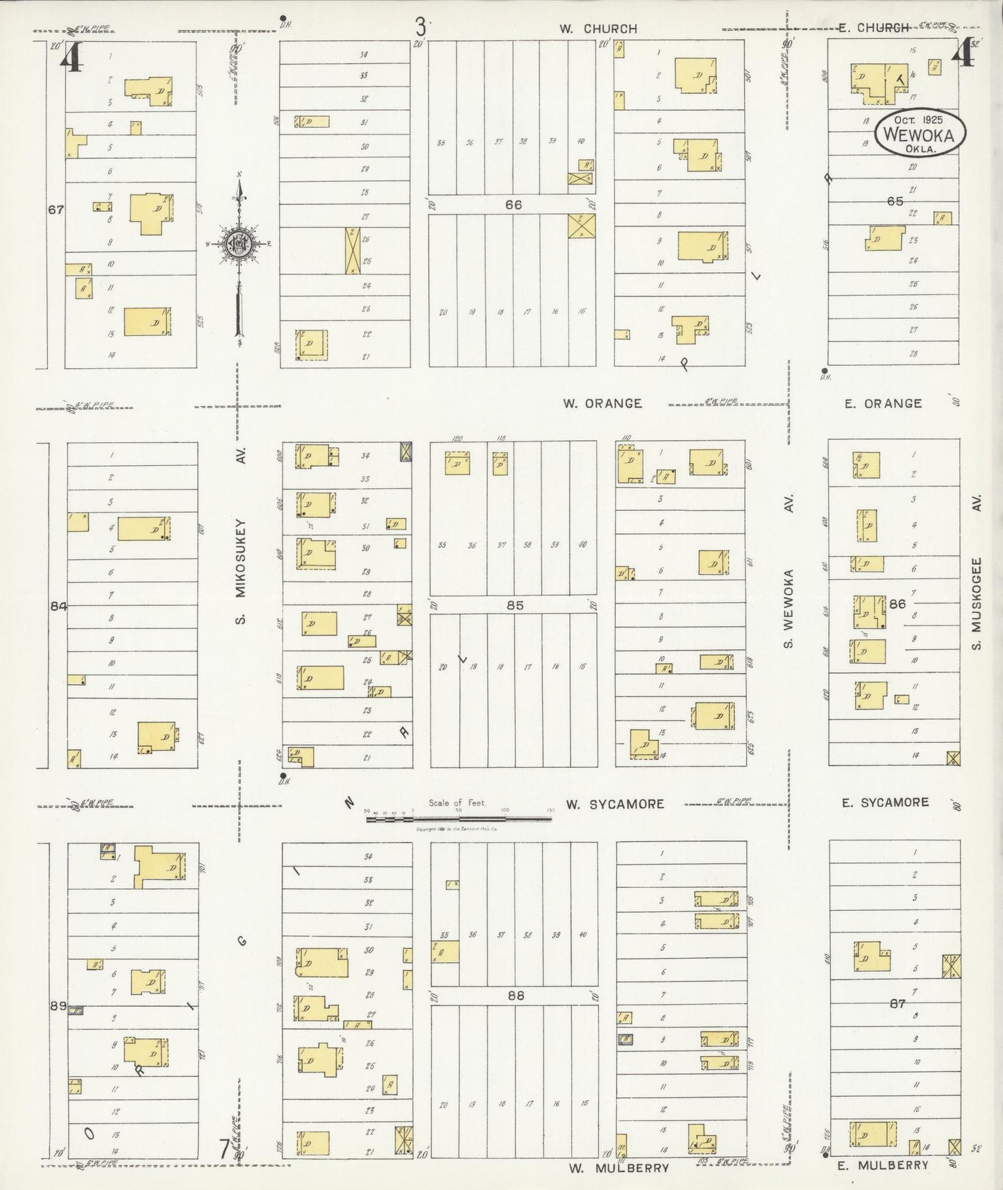 Sanborn Fire Insurance Map from Wewoka, Seminole County, Oklahoma (1925), Sheet #0004 - Complete Map Set gallery image, historic Sanborn map, vintage wall art, Oklahoma Oklahoma